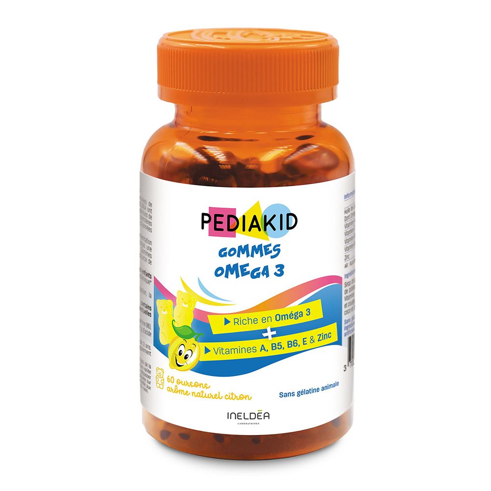 Flacon de gommes Pediakid Oméga 3. Contient oméga 3, vitamines et zinc. Saveur citron.