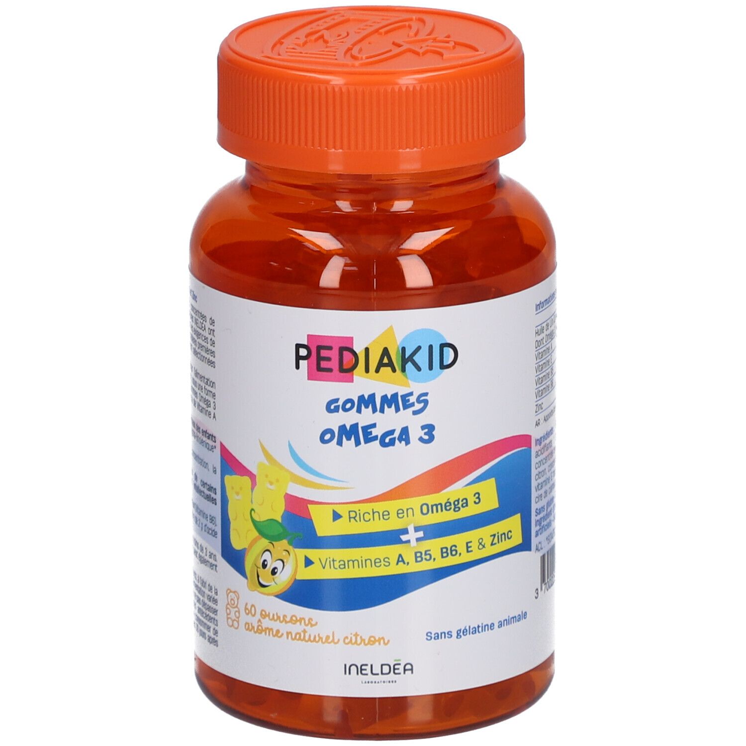 Flacon de gommes Pediakid Oméga 3. Contient oméga 3, vitamines et zinc. Saveur citron.