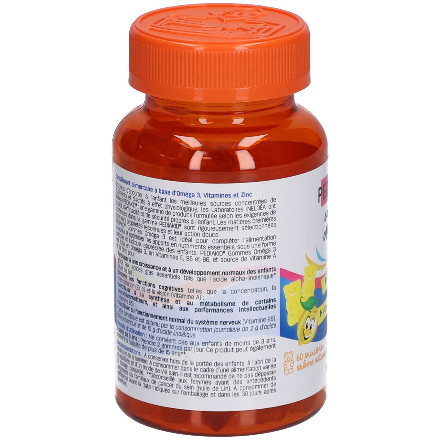 Dos du flacon Pediakid Gommes Oméga 3. Ingrédients et informations nutritionnelles.