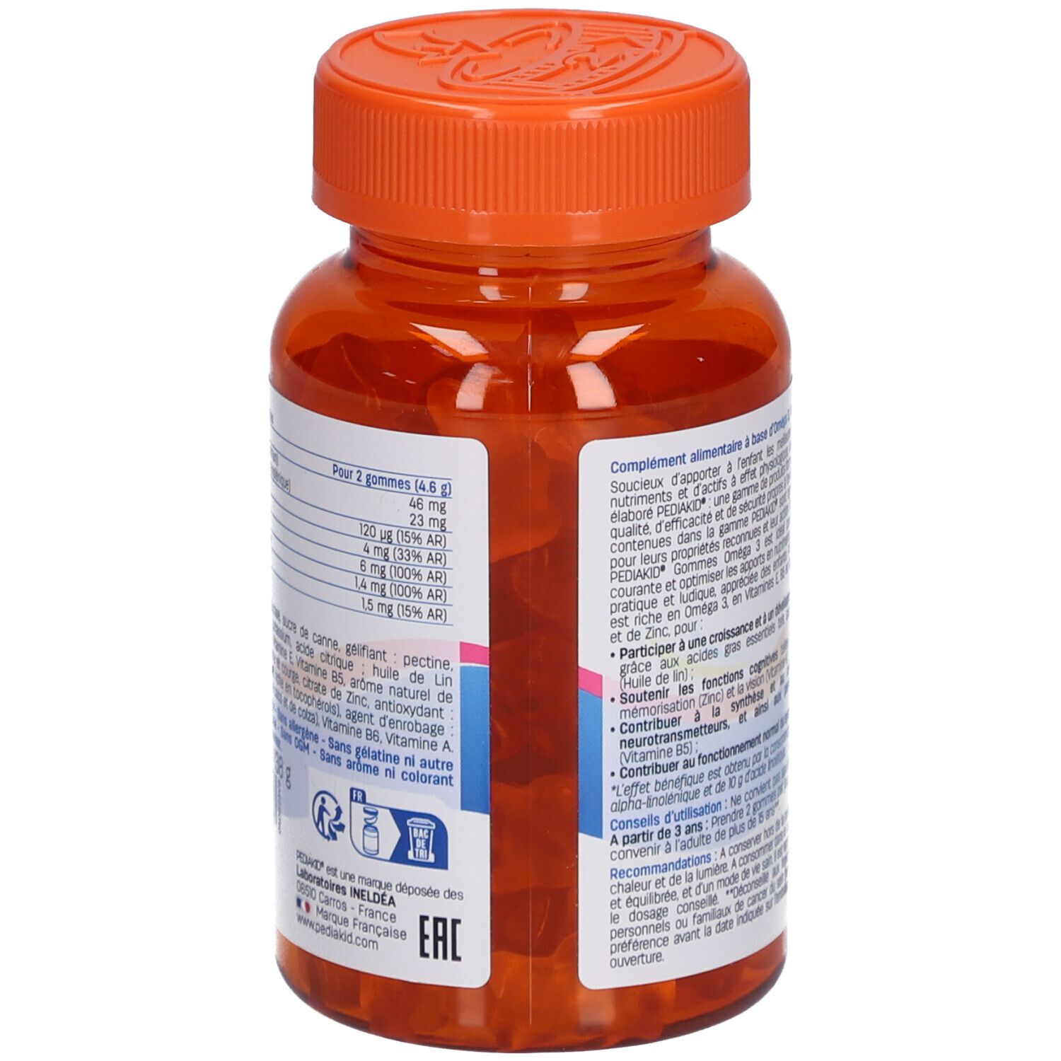 Dos du flacon Pediakid Gommes Oméga 3. Ingrédients et informations nutritionnelles.