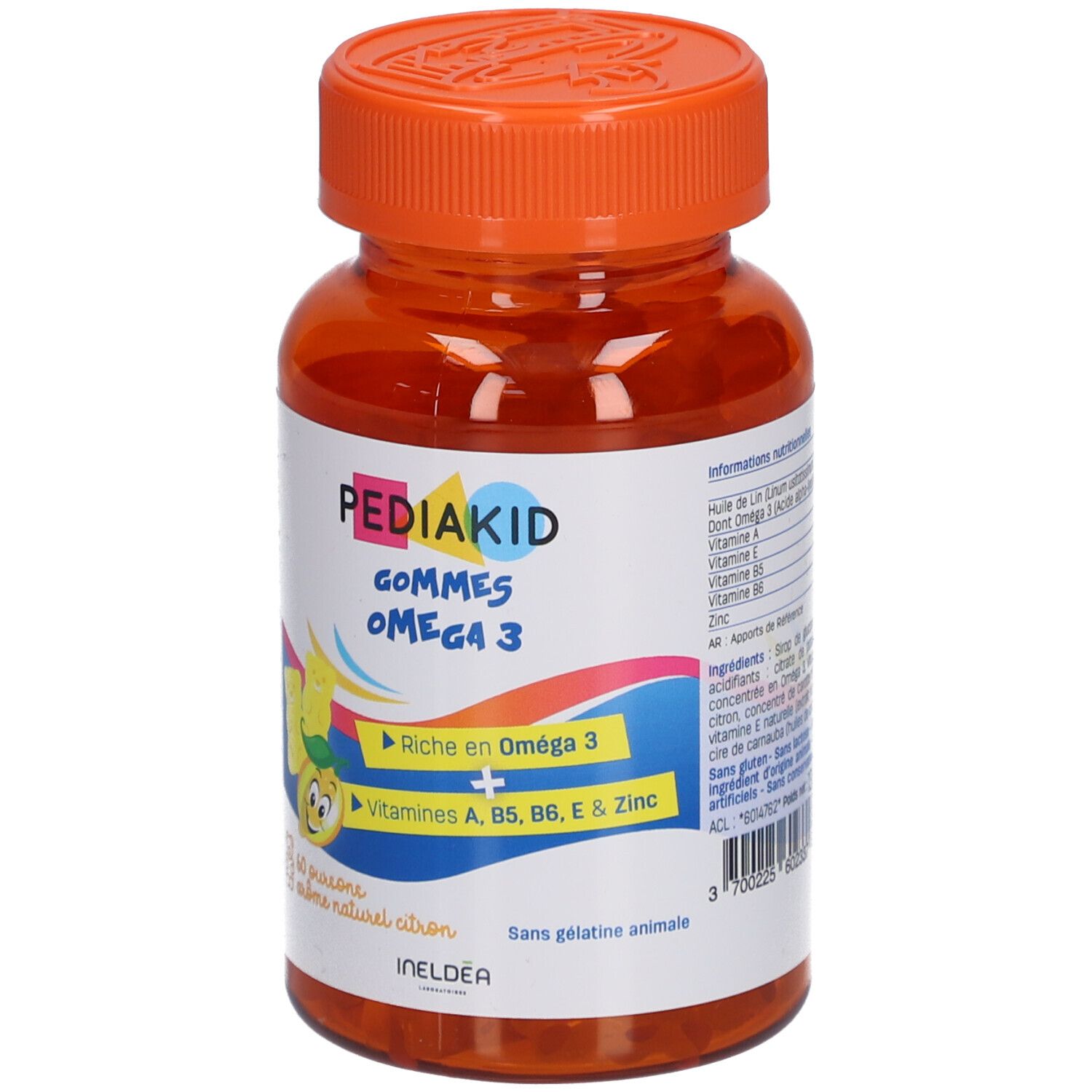 Flacon de gommes Pediakid Oméga 3. Contient oméga 3, vitamines et zinc. Saveur citron.