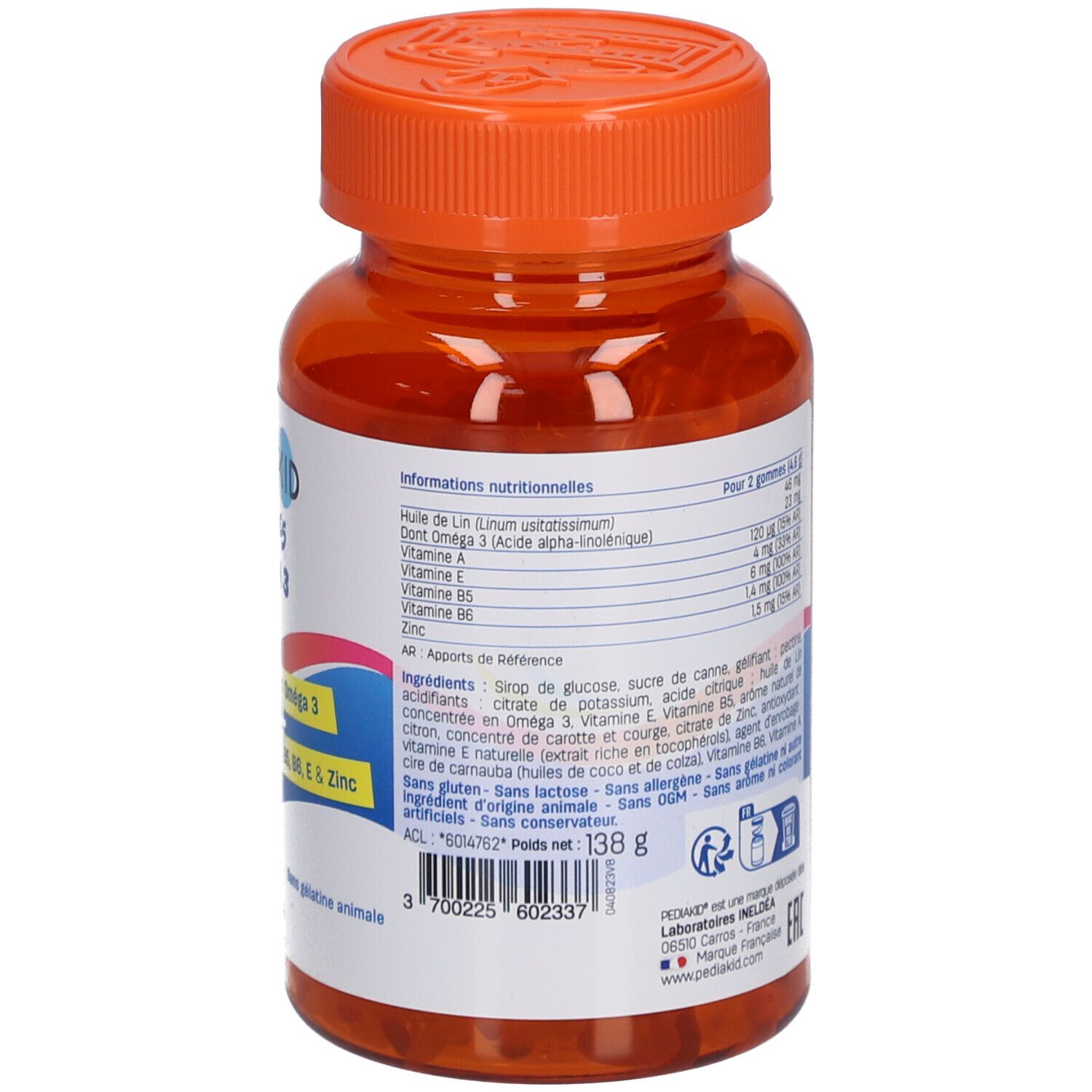 Dos du flacon Pediakid Gommes Oméga 3. Ingrédients et informations nutritionnelles.