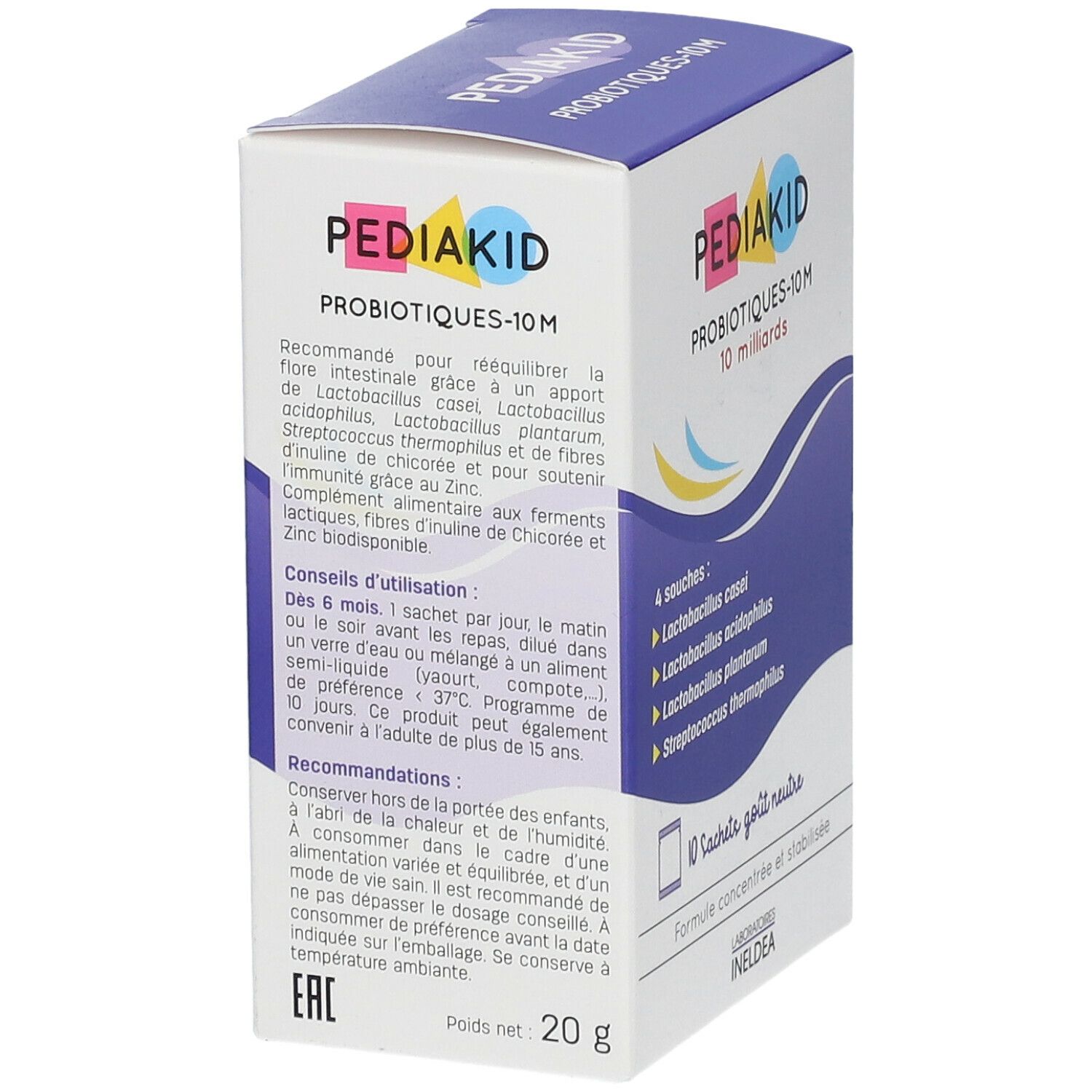 Boîte PEDIAKID Probiotiques-10M, 10 milliards. Contient 4 souches. Conseils d'utilisation et recommandations.
