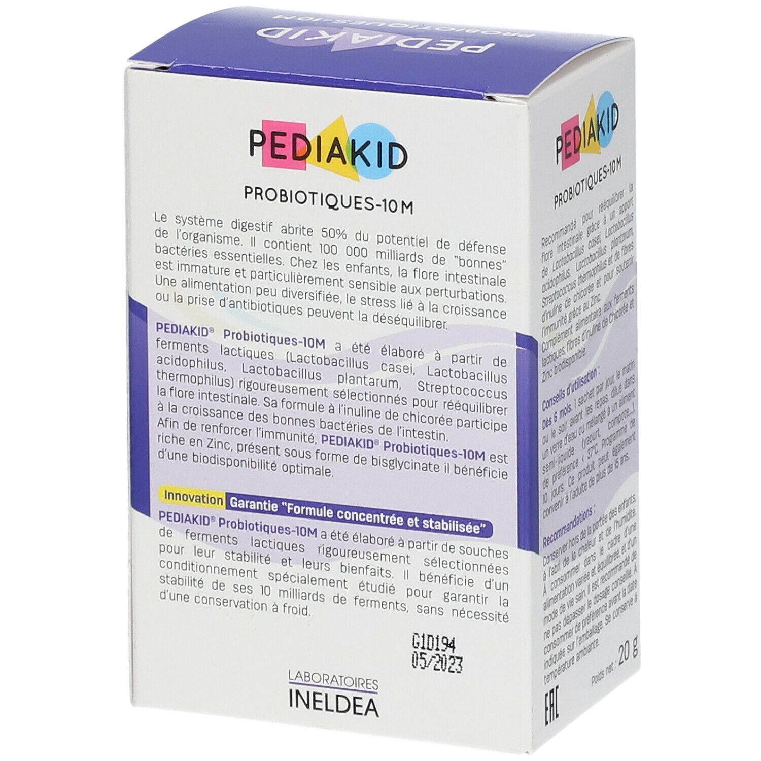Boîte PEDIAKID Probiotiques-10M, 10 milliards. Description des ingrédients et des bienfaits pour l'organisme.
