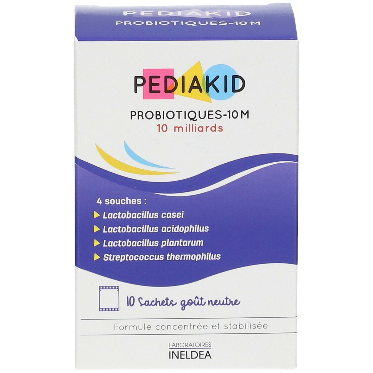 Boîte PEDIAKID Probiotiques-10M, 10 milliards. Contient 4 souches. 10 sachets goût neutre.