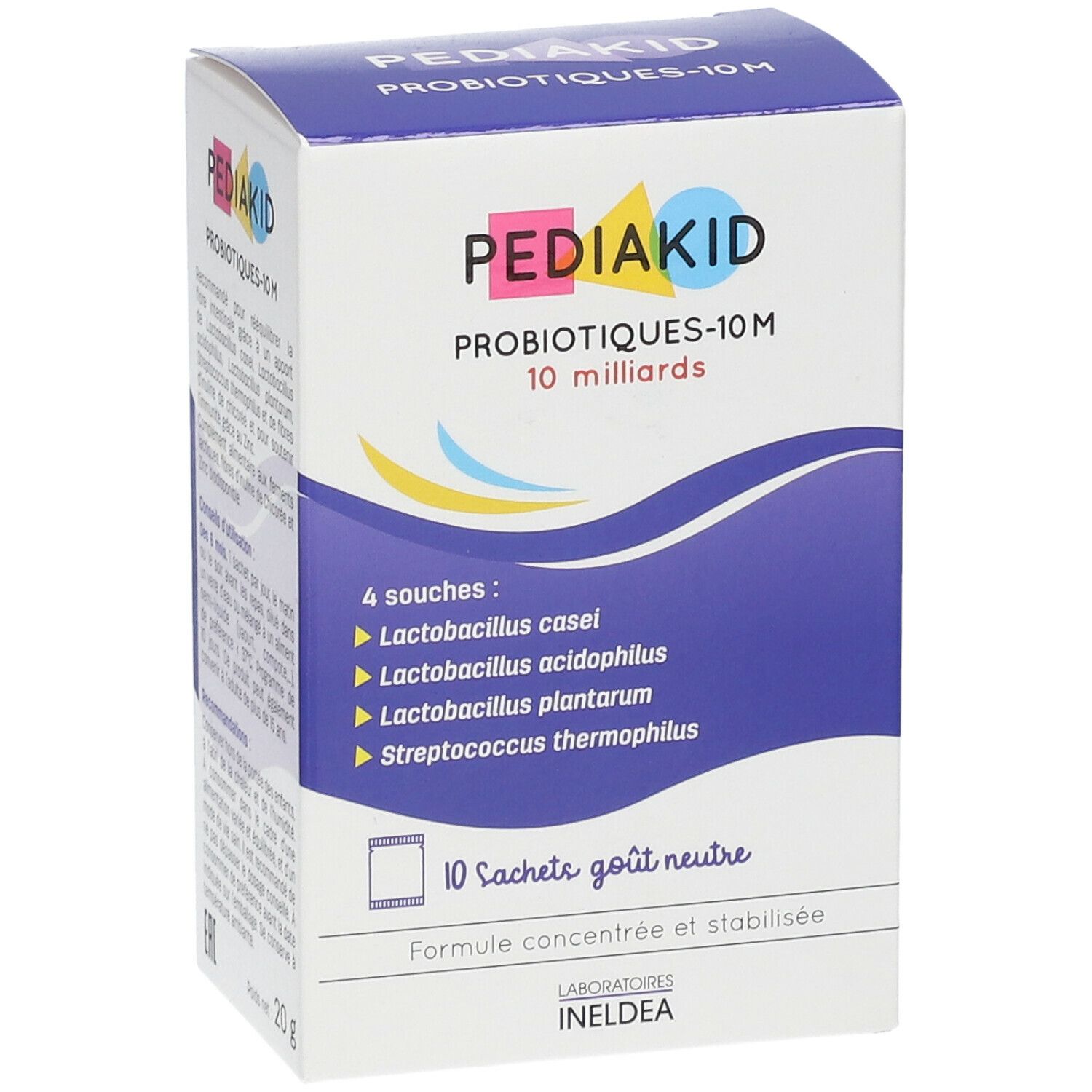 Boîte PEDIAKID Probiotiques-10M, 10 milliards. Contient 4 souches. 10 sachets goût neutre.