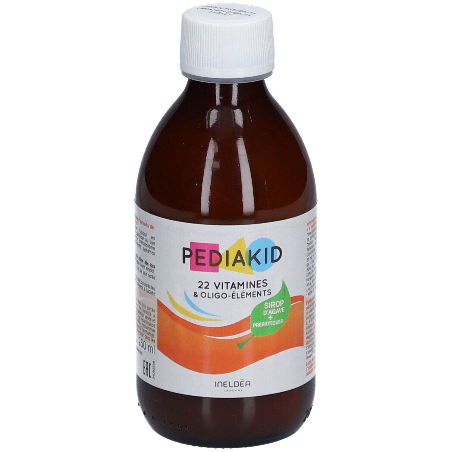 Flacon marron avec bouchon blanc. Inscription : Pediakid 22 Vitamines & Oligo-éléments. 250 ml.