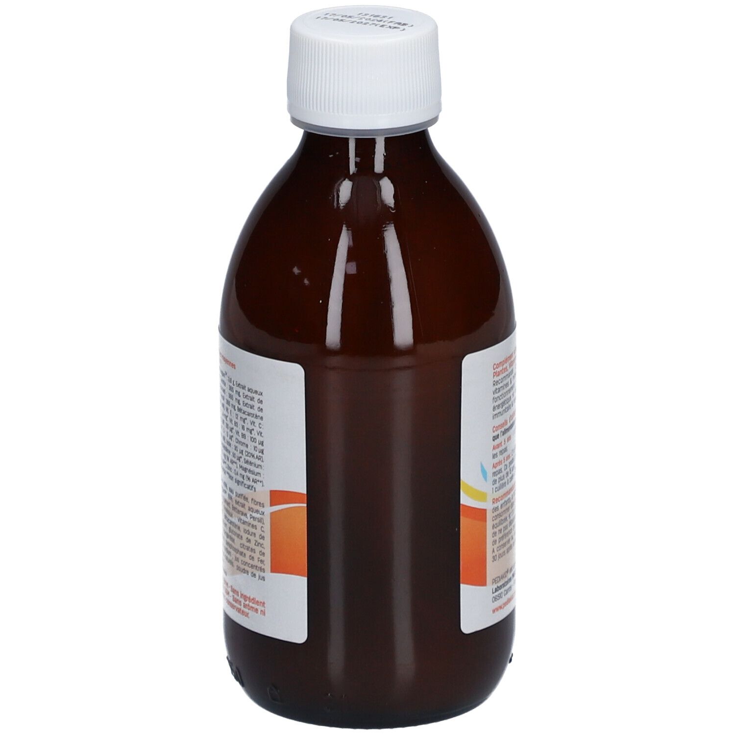 Flacon marron avec bouchon blanc. Dos avec texte. Inscription : Pediakid 22 Vitamines & Oligo-éléments. 250 ml.
