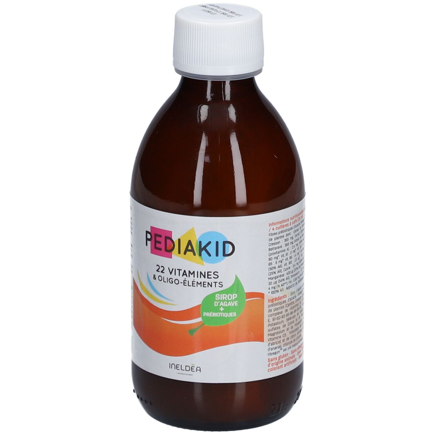 Flacon marron avec bouchon blanc. Inscription : Pediakid 22 Vitamines & Oligo-éléments. 250 ml.