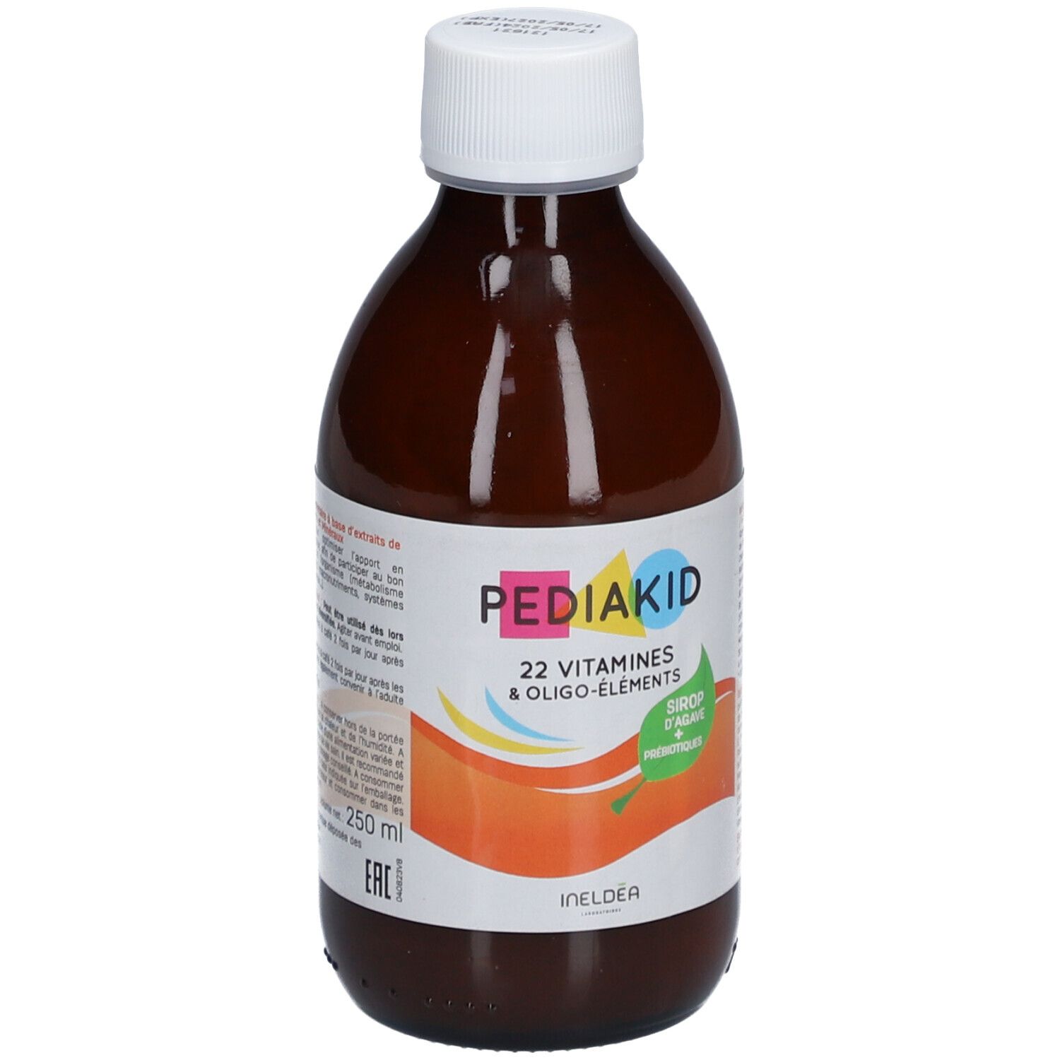 Flacon marron avec bouchon blanc. Inscription : Pediakid 22 Vitamines & Oligo-éléments. 250 ml.