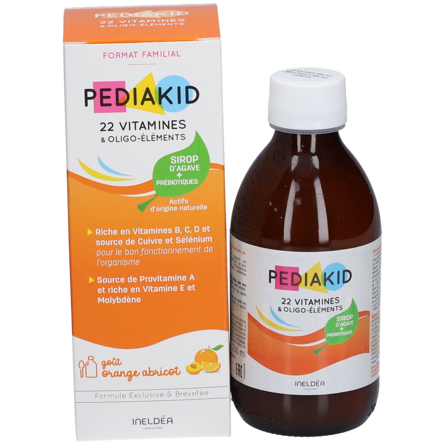 Flacon marron avec bouchon blanc et emballage. Inscription : Pediakid 22 Vitamines & Oligo-éléments. 250 ml.