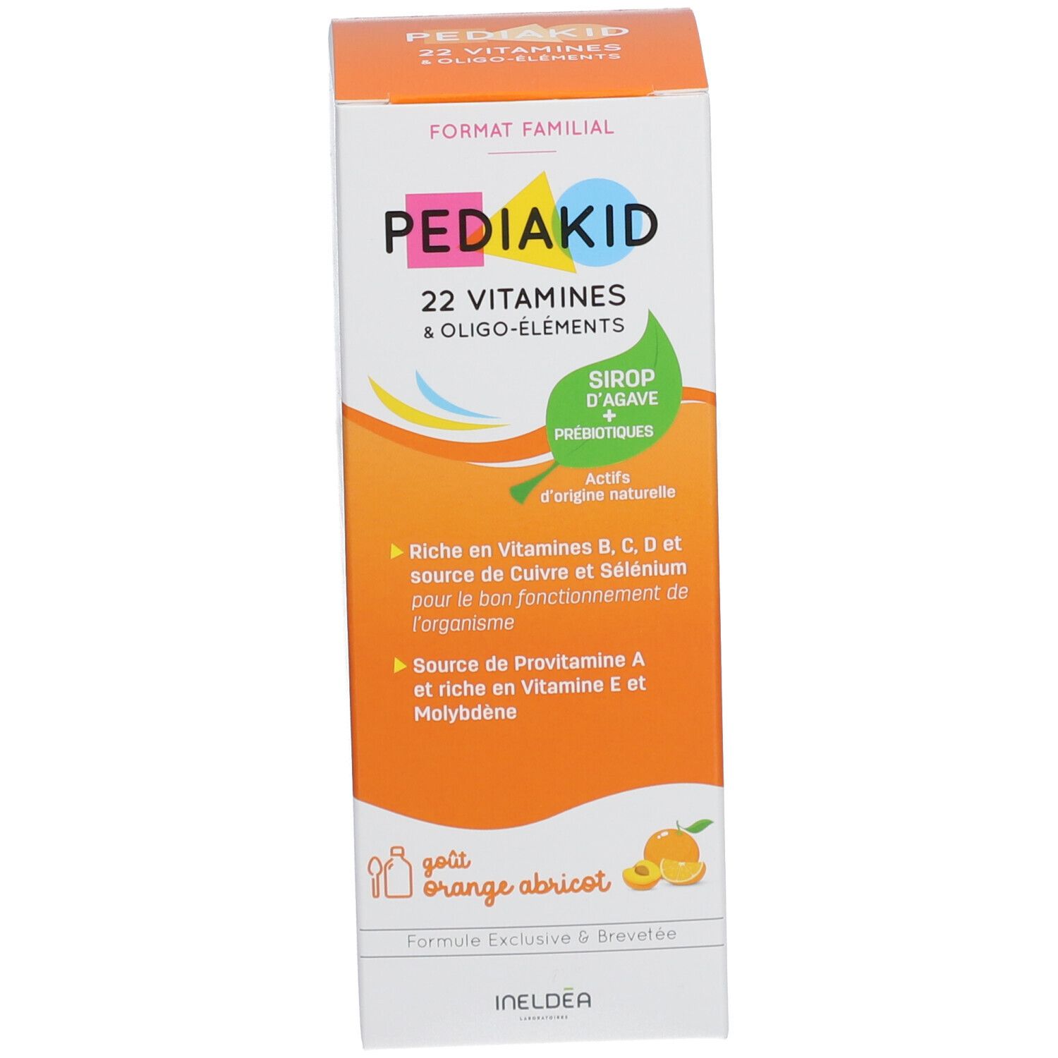 Emballage avec inscription : Pediakid 22 Vitamines & Oligo-éléments. Format Familial. Orange abricot.