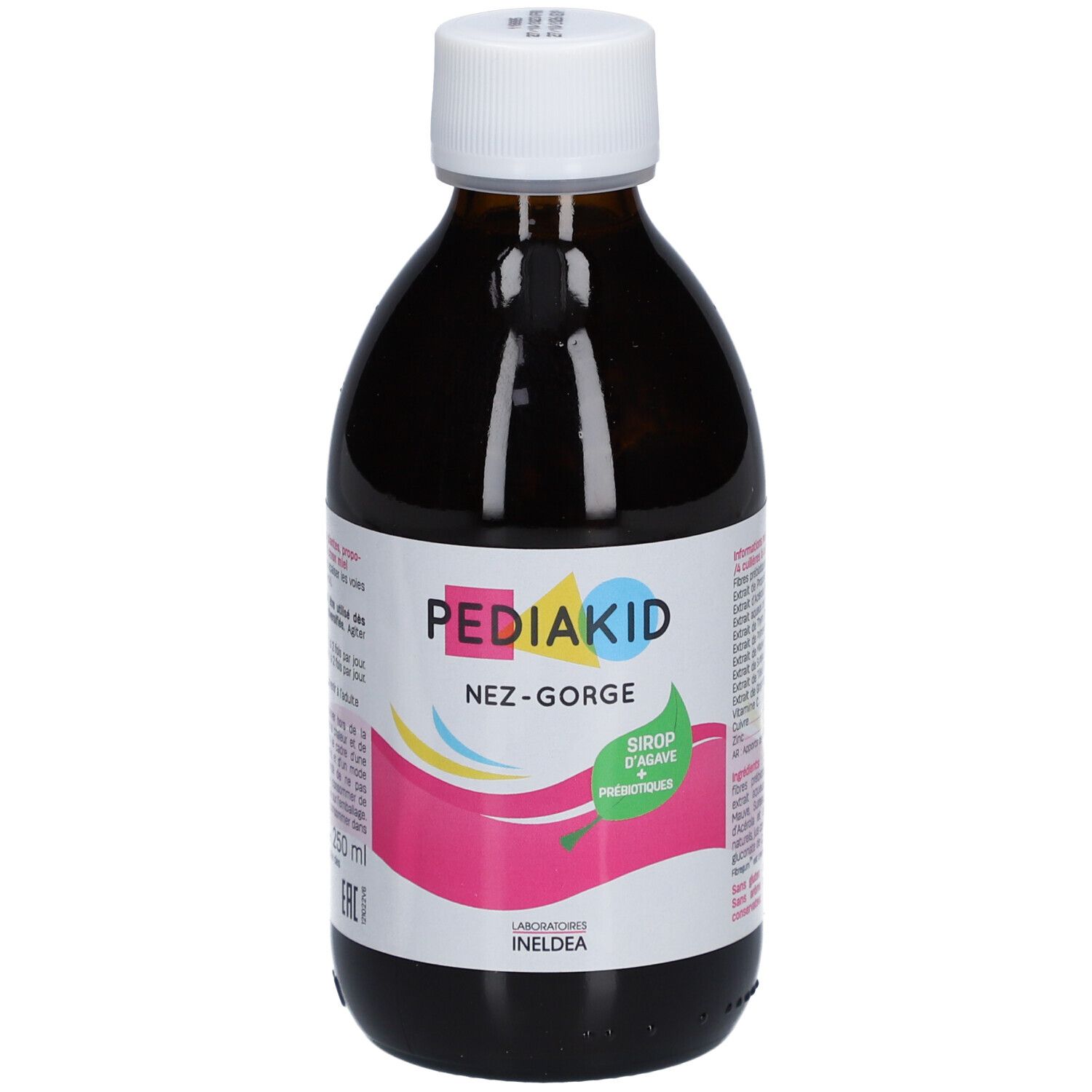 Flacon marron, bouchon blanc. Pediakid Nez-Gorge. Sirop d'agave et prébiotiques. 250 ml.