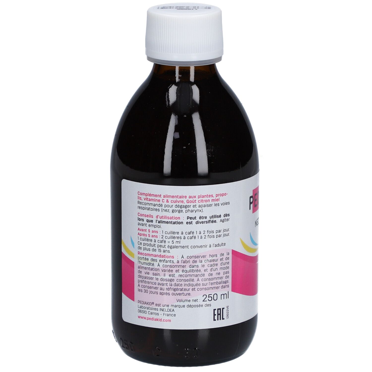 Flacon marron, bouchon blanc. Pediakid Nez-Gorge. Sirop d'agave et prébiotiques. 250 ml.