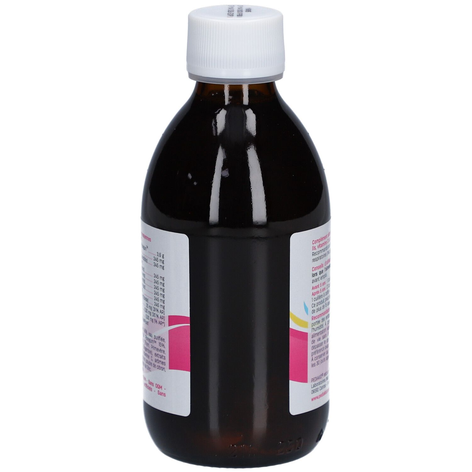 Flacon marron, bouchon blanc. Pediakid Nez-Gorge. Sirop d'agave et prébiotiques. 250 ml.
