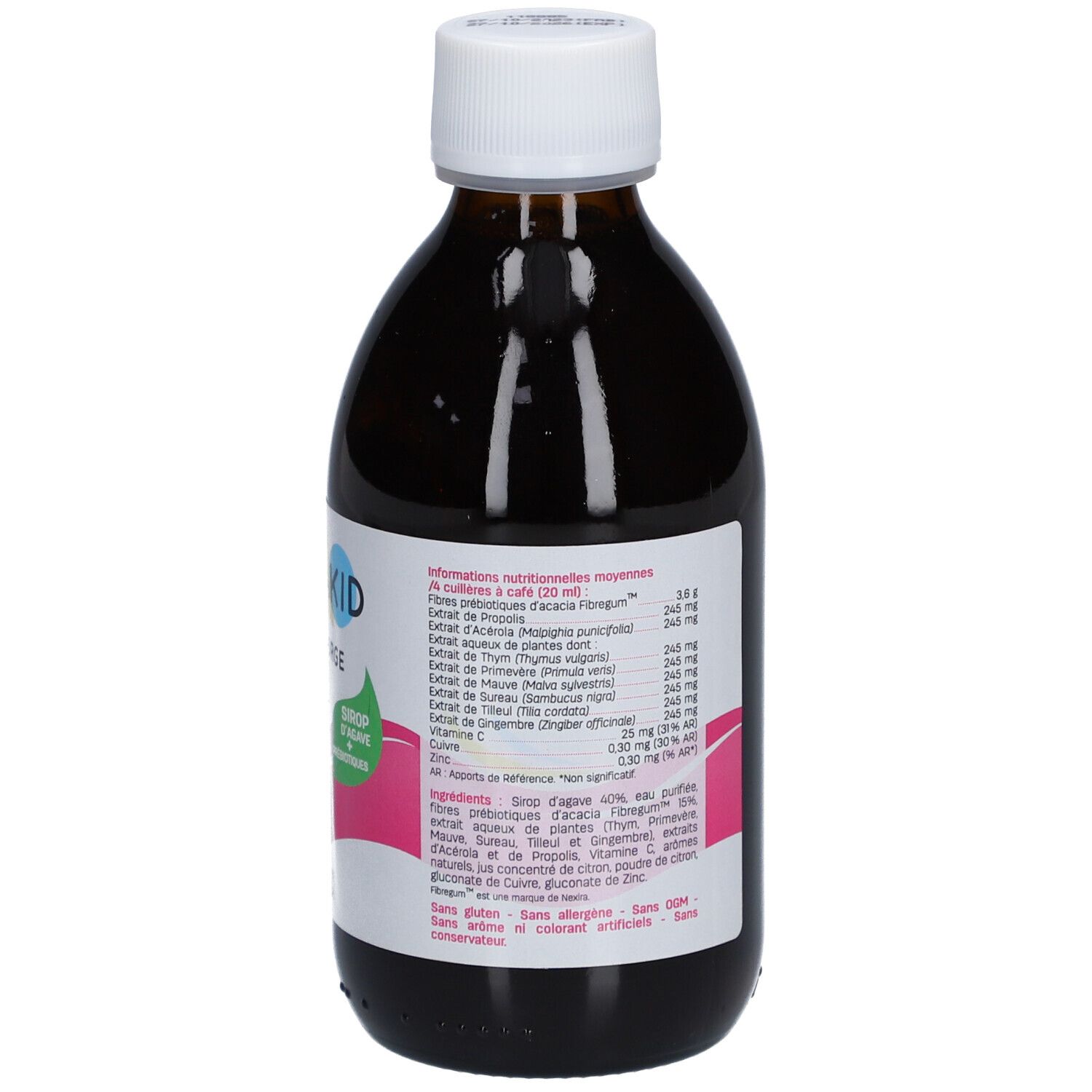 Flacon marron, bouchon blanc. Pediakid Nez-Gorge. Sirop d'agave et prébiotiques. 250 ml.