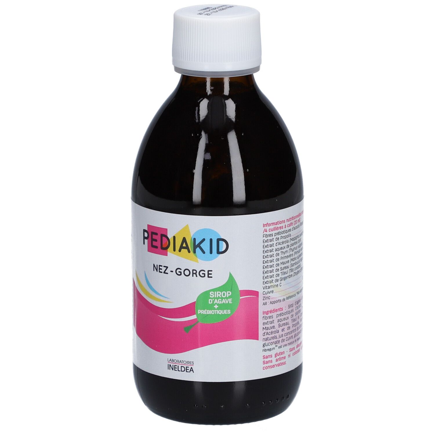 Flacon marron, bouchon blanc. Pediakid Nez-Gorge. Sirop d'agave et prébiotiques. 250 ml.