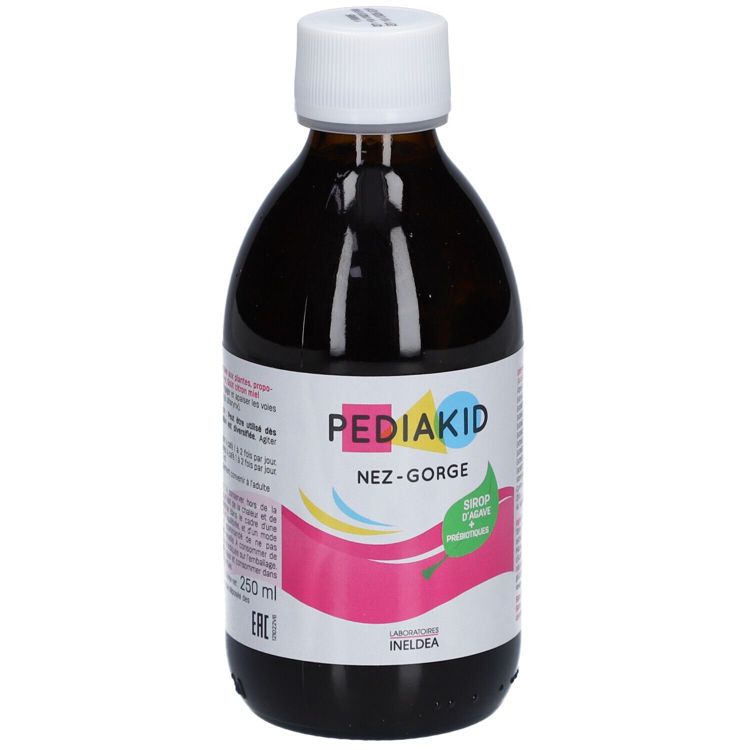 Flacon marron, bouchon blanc. Pediakid Nez-Gorge. Sirop d'agave et prébiotiques. 250 ml.