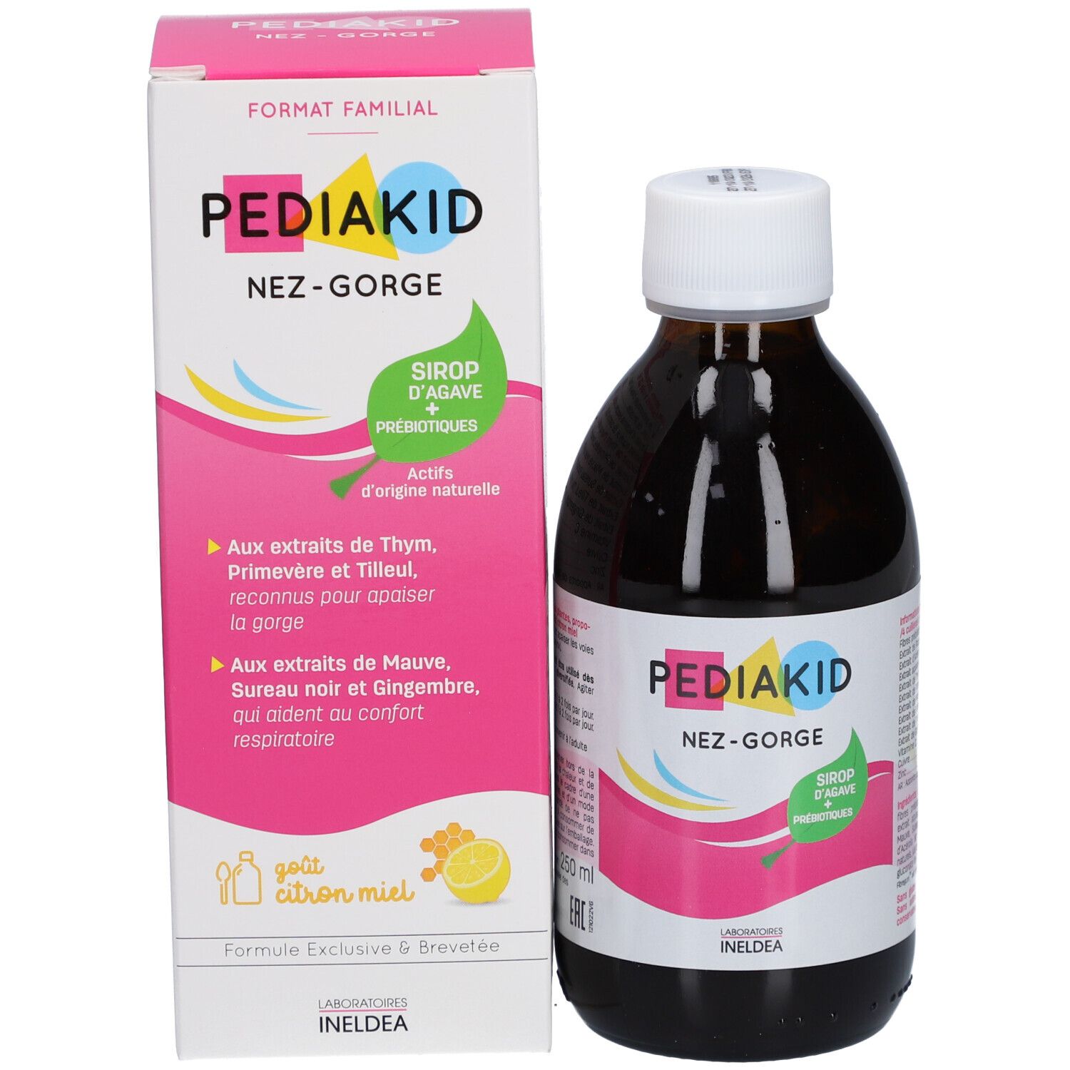 Flacon et boîte Pediakid Nez-Gorge. Sirop d'agave et prébiotiques. Format Familial.