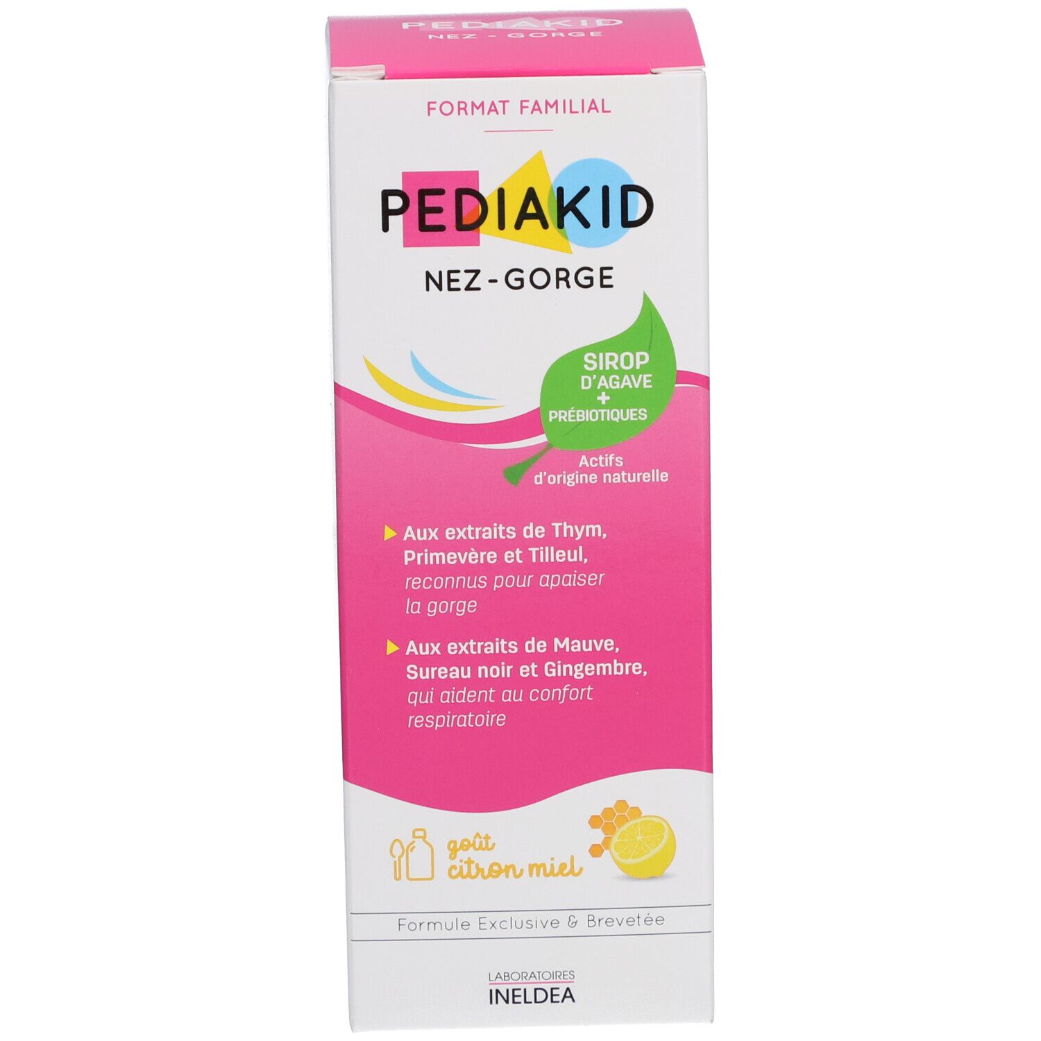 Boîte Pediakid Nez-Gorge. Sirop d'agave et prébiotiques. Format Familial. Thym, primevère, sureau noir, gingembre.