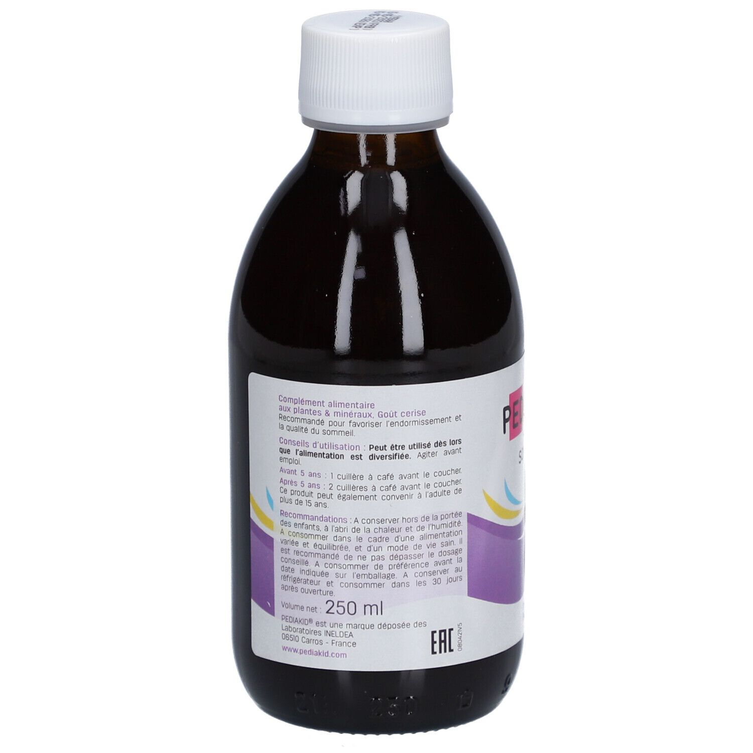 Flacon marron avec bouchon blanc. L'étiquette contient des informations sur les ingrédients et les valeurs nutritionnelles.
