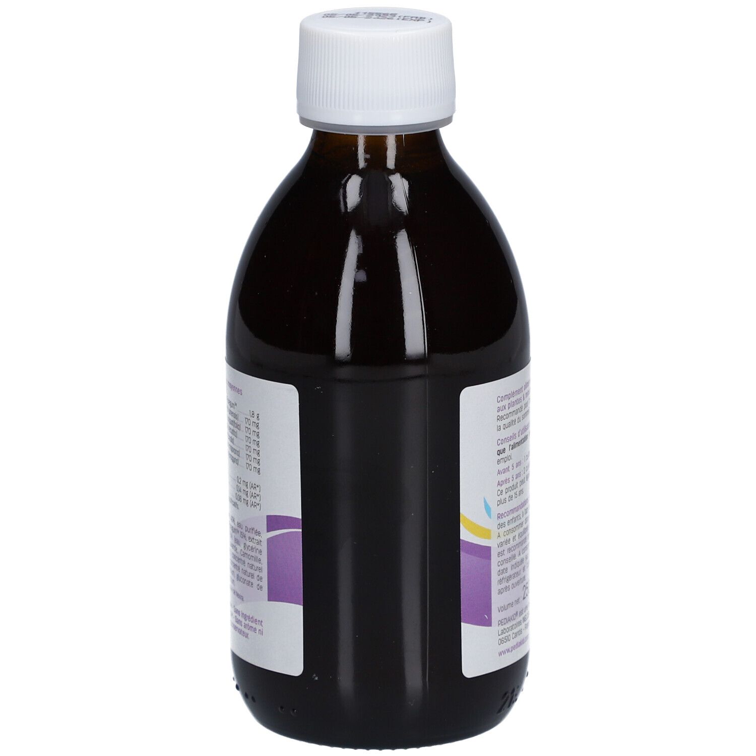 Flacon marron avec bouchon blanc. L'étiquette contient des informations sur les ingrédients et les valeurs nutritionnelles.
