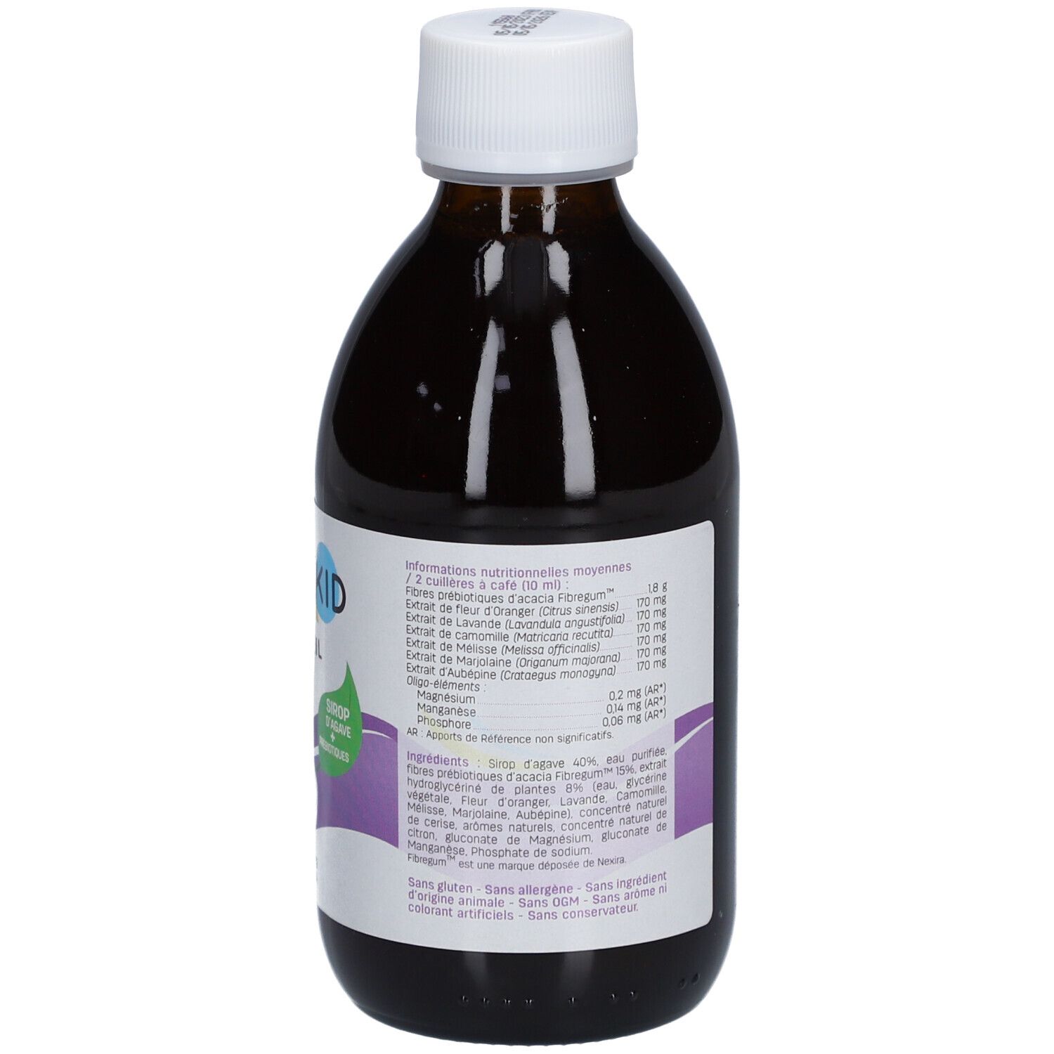 Flacon marron avec bouchon blanc. L'étiquette contient des informations sur les ingrédients et les valeurs nutritionnelles.