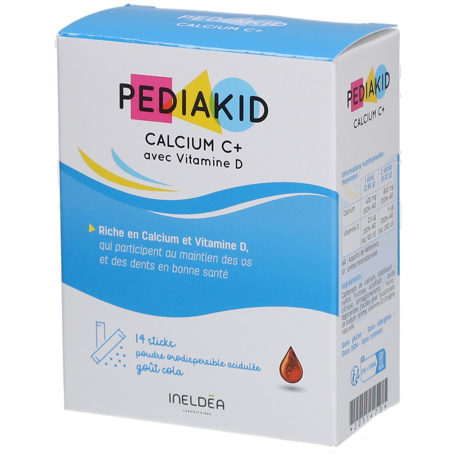 Boîte Pediakid Calcium C+. Contient 14 sticks. Inscription: Calcium C+ avec Vitamine D. Goût cola.