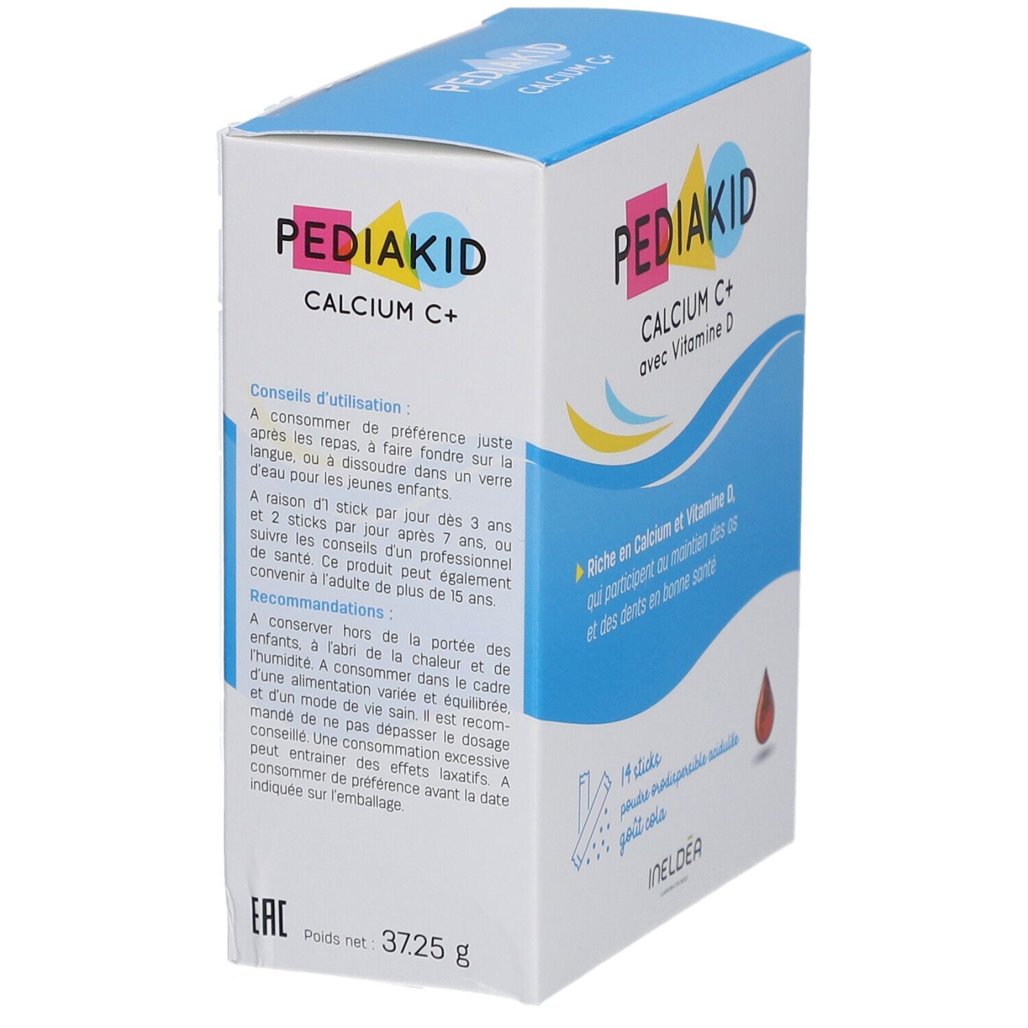 Boîte Pediakid Calcium C+. Contient 14 sticks. Inscription: Calcium C+ avec Vitamine D. Texte au dos.