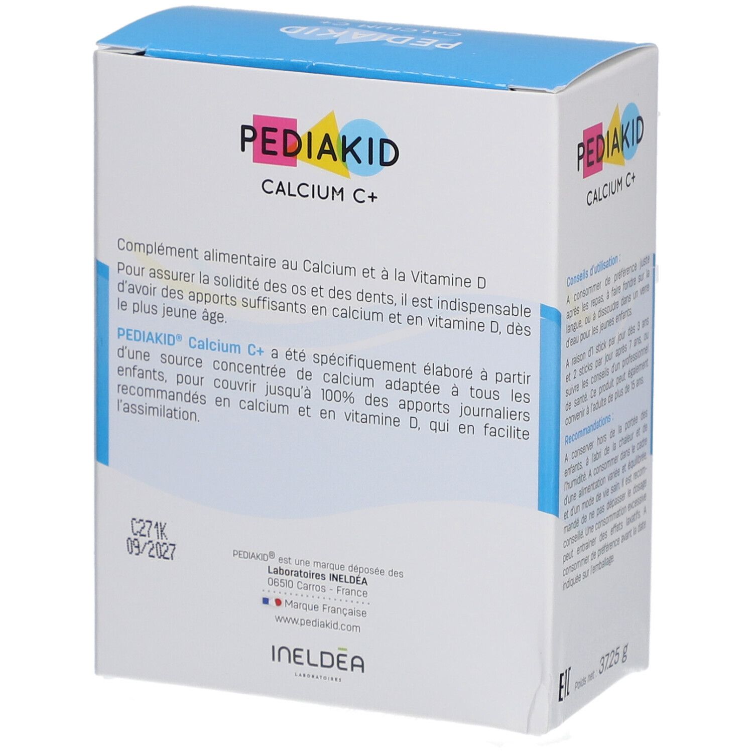 Boîte Pediakid Calcium C+. Contient 14 sticks. Inscription: Calcium C+ avec Vitamine D. Texte au dos.