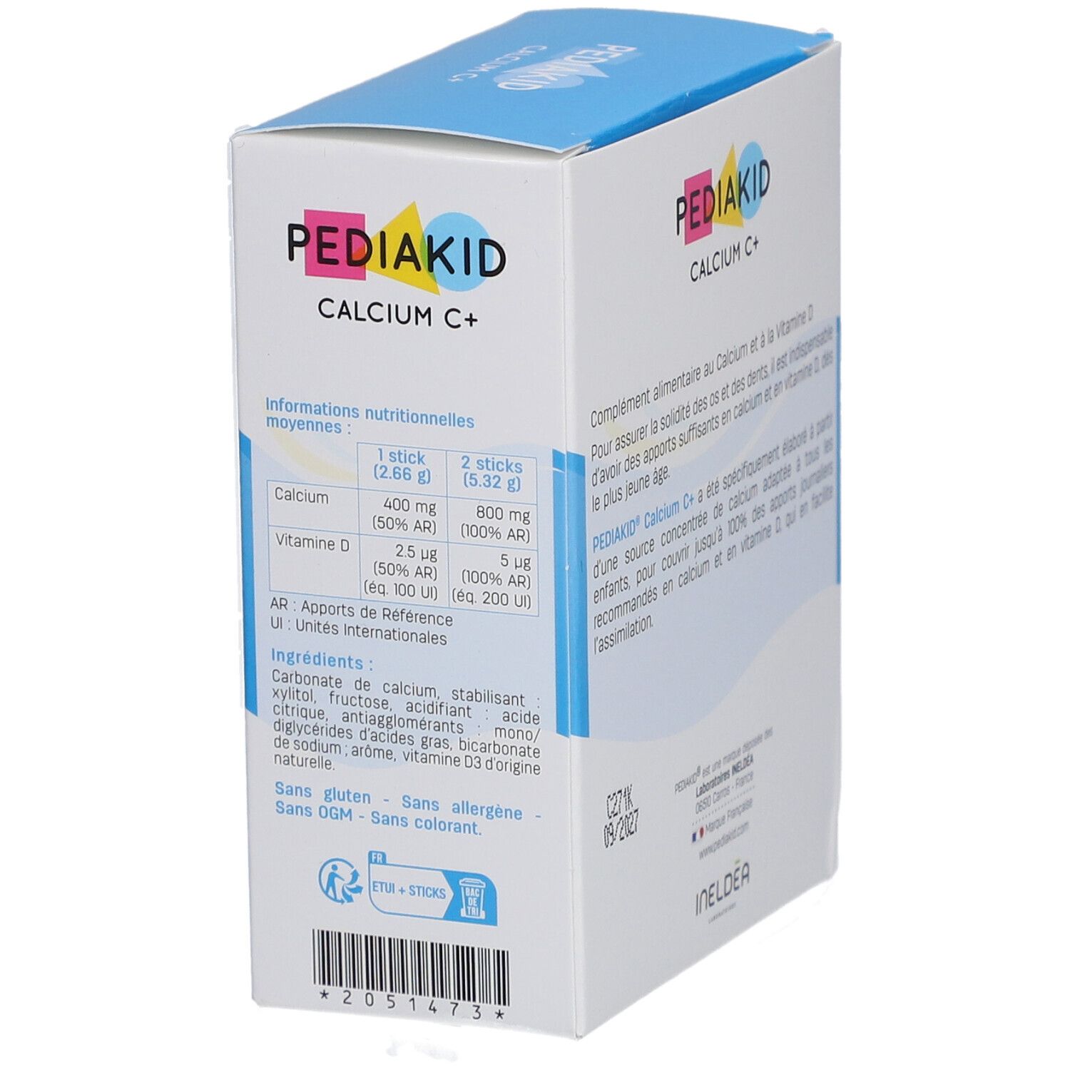 Boîte Pediakid Calcium C+. Contient 14 sticks. Inscription: Calcium C+ avec Vitamine D. Texte au dos.