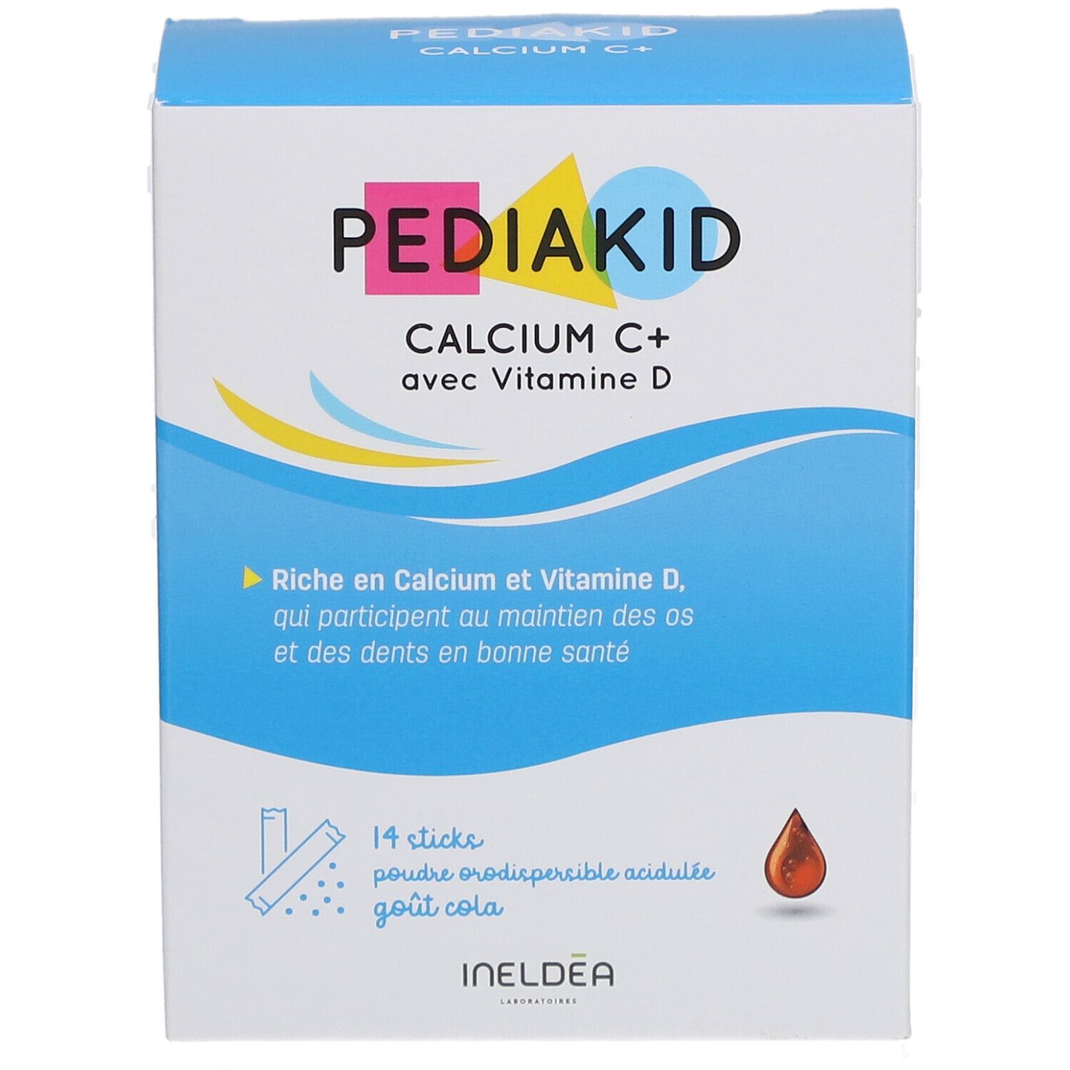 Boîte Pediakid Calcium C+. Contient 14 sticks. Inscription: Calcium C+ avec Vitamine D. Texte au recto.