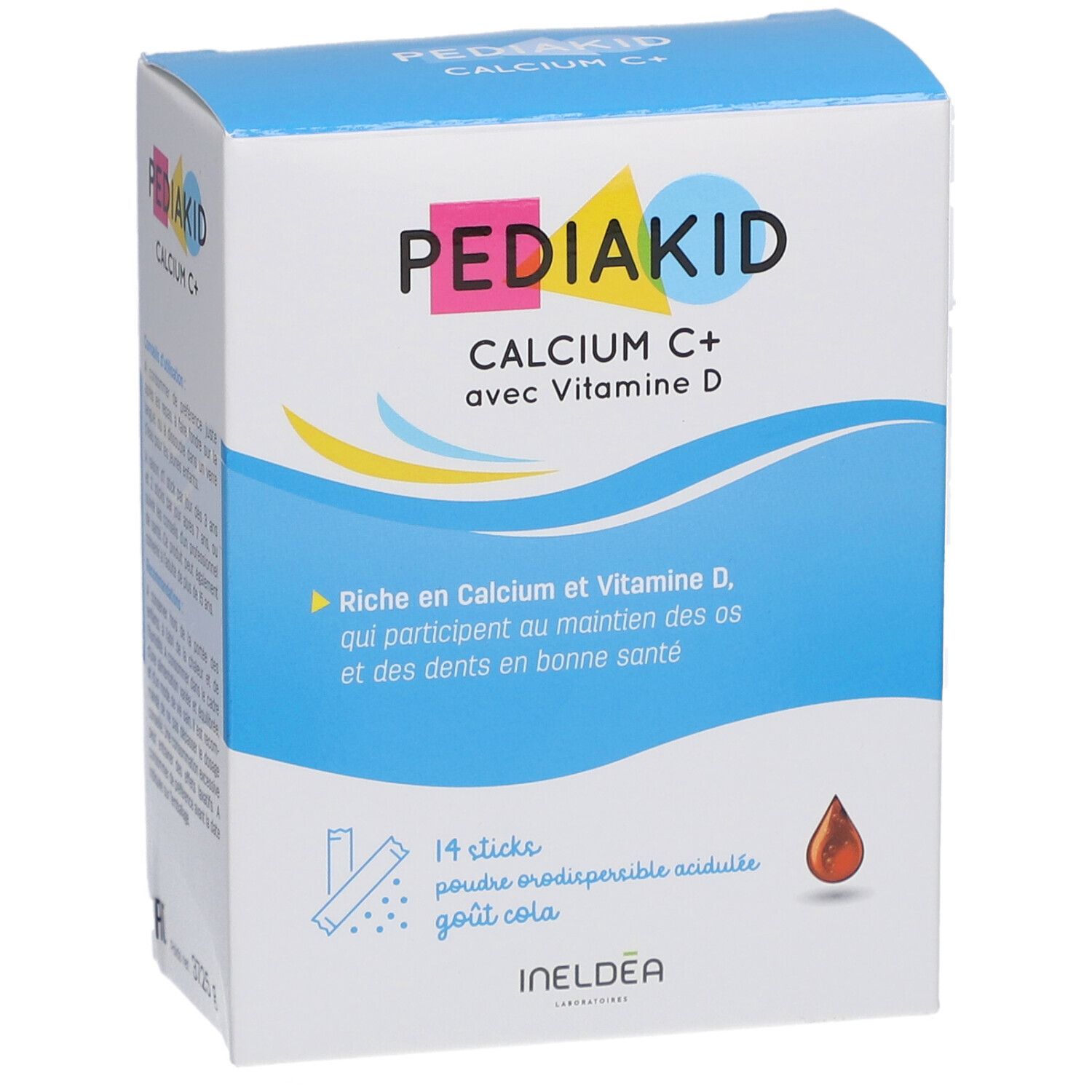 Boîte Pediakid Calcium C+. Contient 14 sticks. Inscription: Calcium C+ avec Vitamine D. Texte au recto.