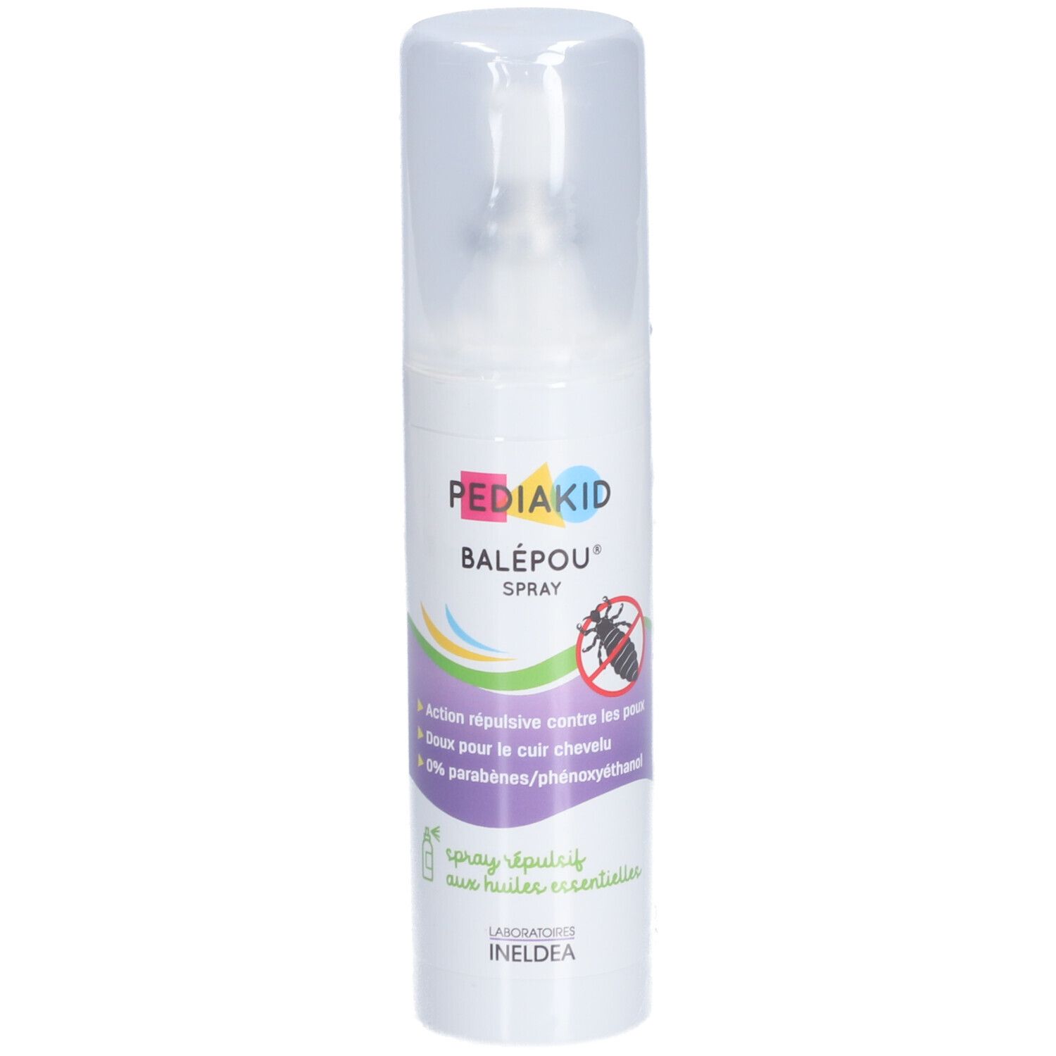 Spray blanc avec bouchon. Inscription: Pediakid Balépou Spray. Vue partielle.