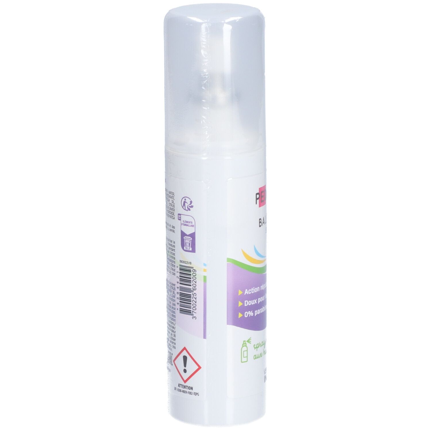 Spray blanc avec bouchon. Dos avec texte et symboles.