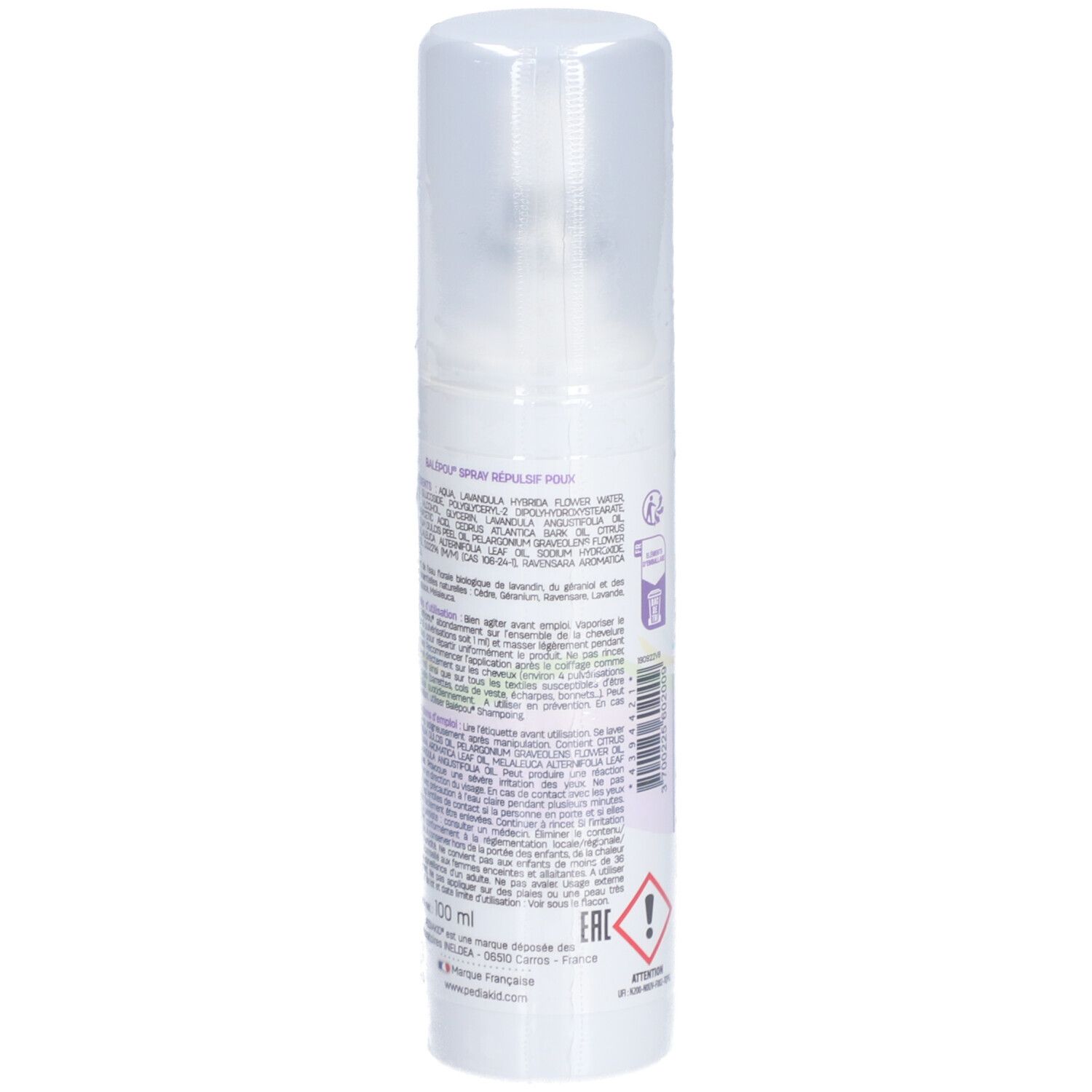 Spray blanc avec bouchon. Dos avec texte et symboles.