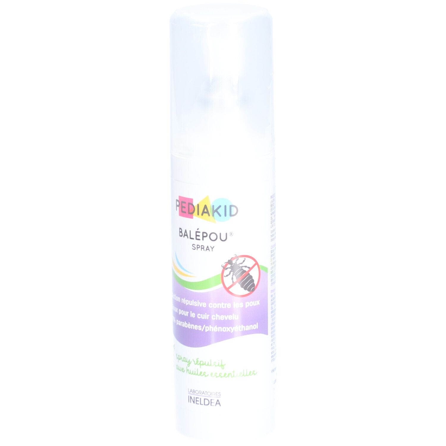Spray blanc avec bouchon. Inscription: Pediakid Balépou Spray. Vue partielle.
