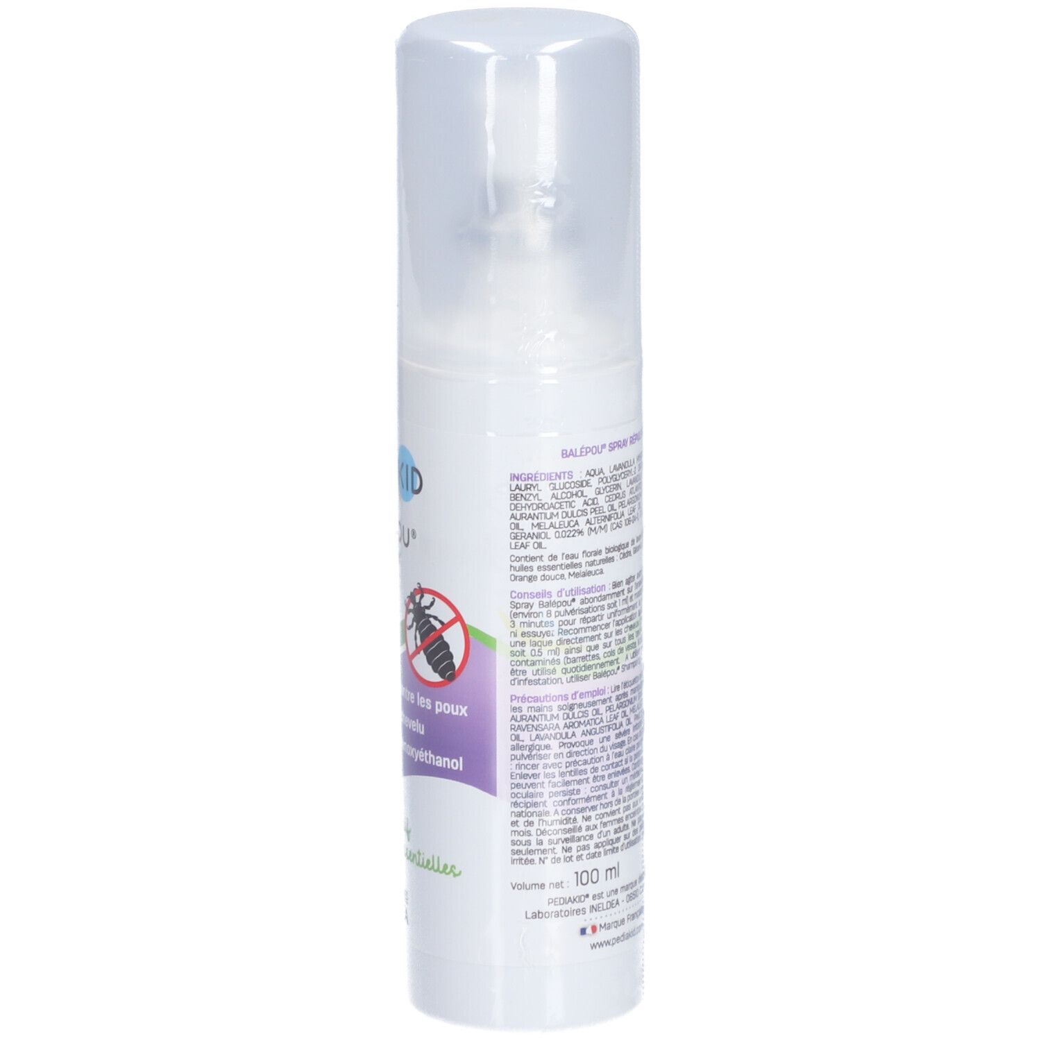 Spray blanc avec bouchon. Dos avec texte et symboles.