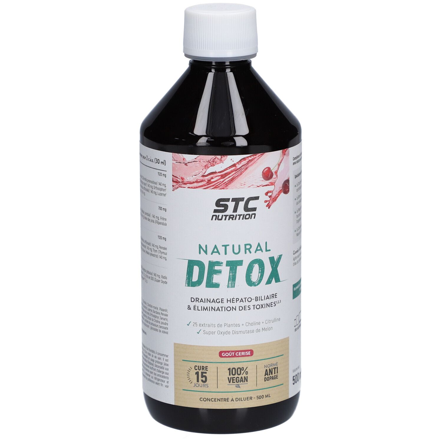 Bouteille marron avec bouchon blanc. Inscription: STC NUTRITION Natural Detox. 500 ml. Étiquette produit.