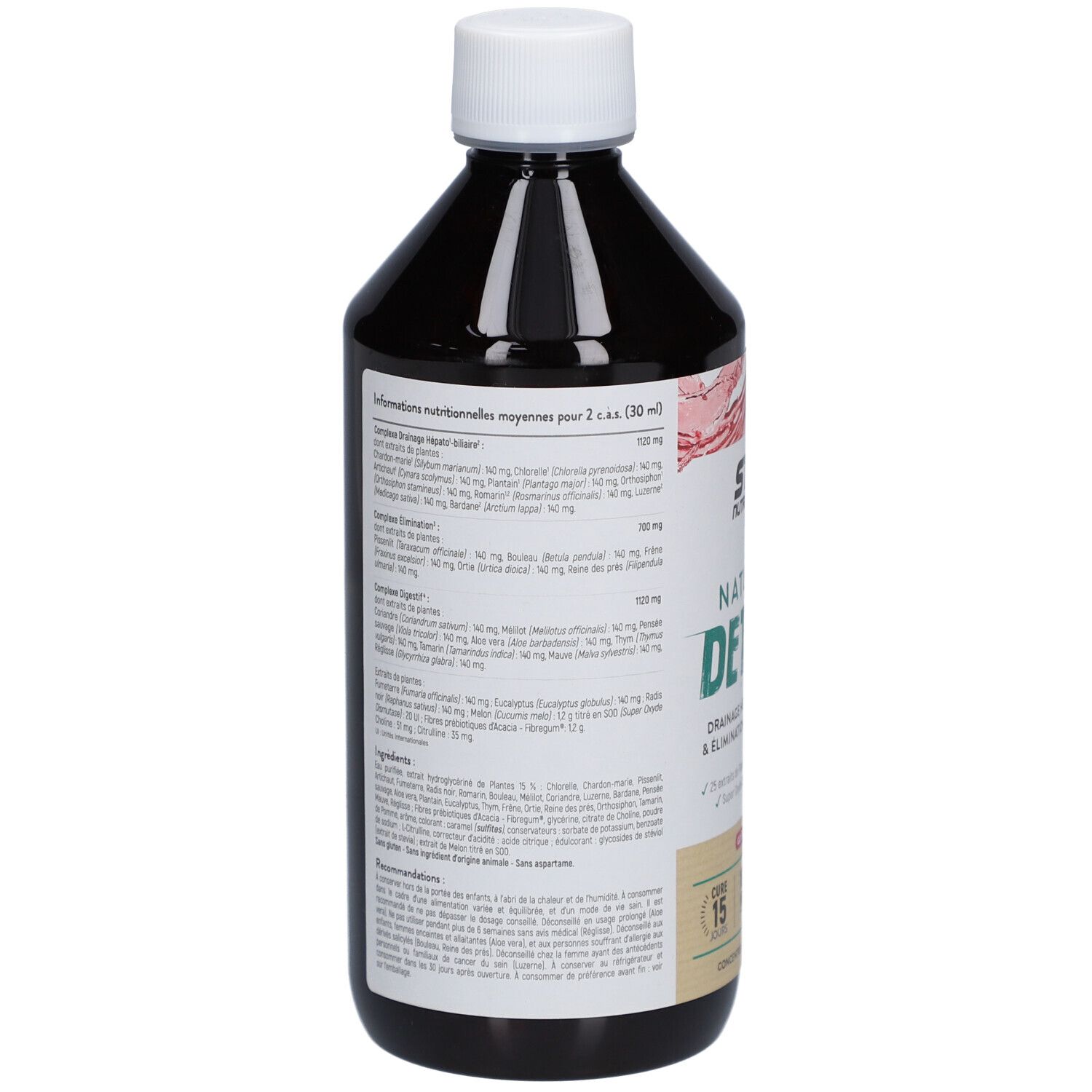 Dos d'une bouteille marron avec bouchon blanc. Texte sur l'étiquette. Informations nutritionnelles et ingrédients.