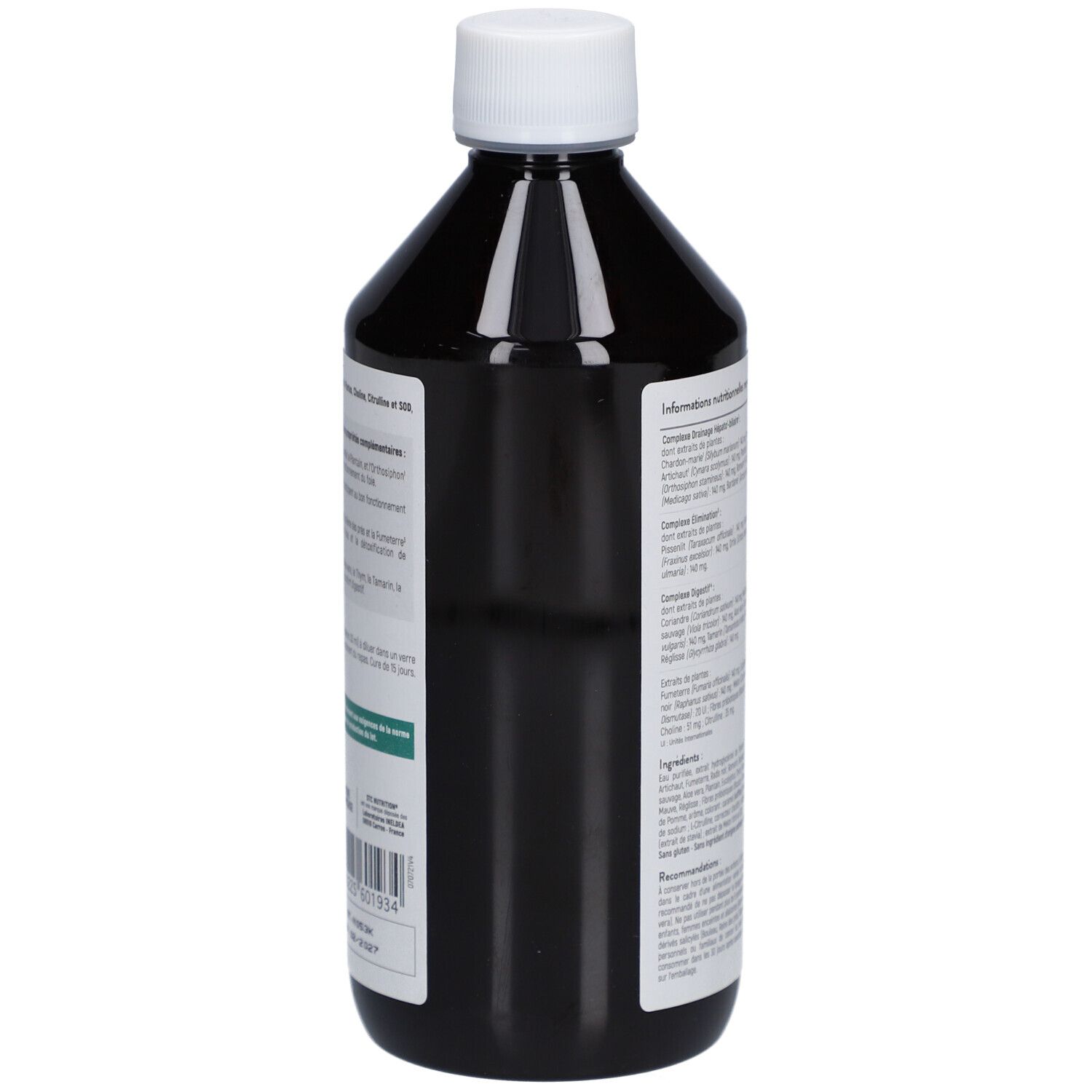 Dos d'une bouteille marron avec bouchon blanc. Texte sur l'étiquette. Informations sur le produit.