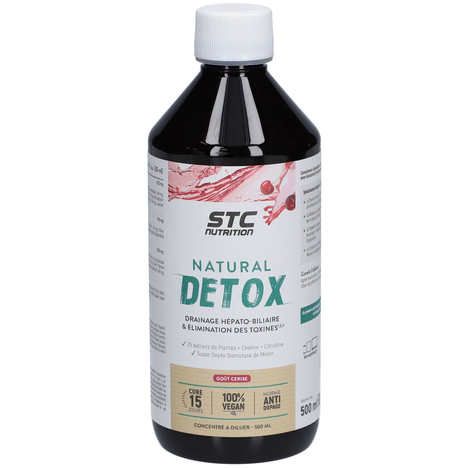 Bouteille marron avec bouchon blanc. Inscription: STC NUTRITION Natural Detox. 500 ml. Étiquette produit.