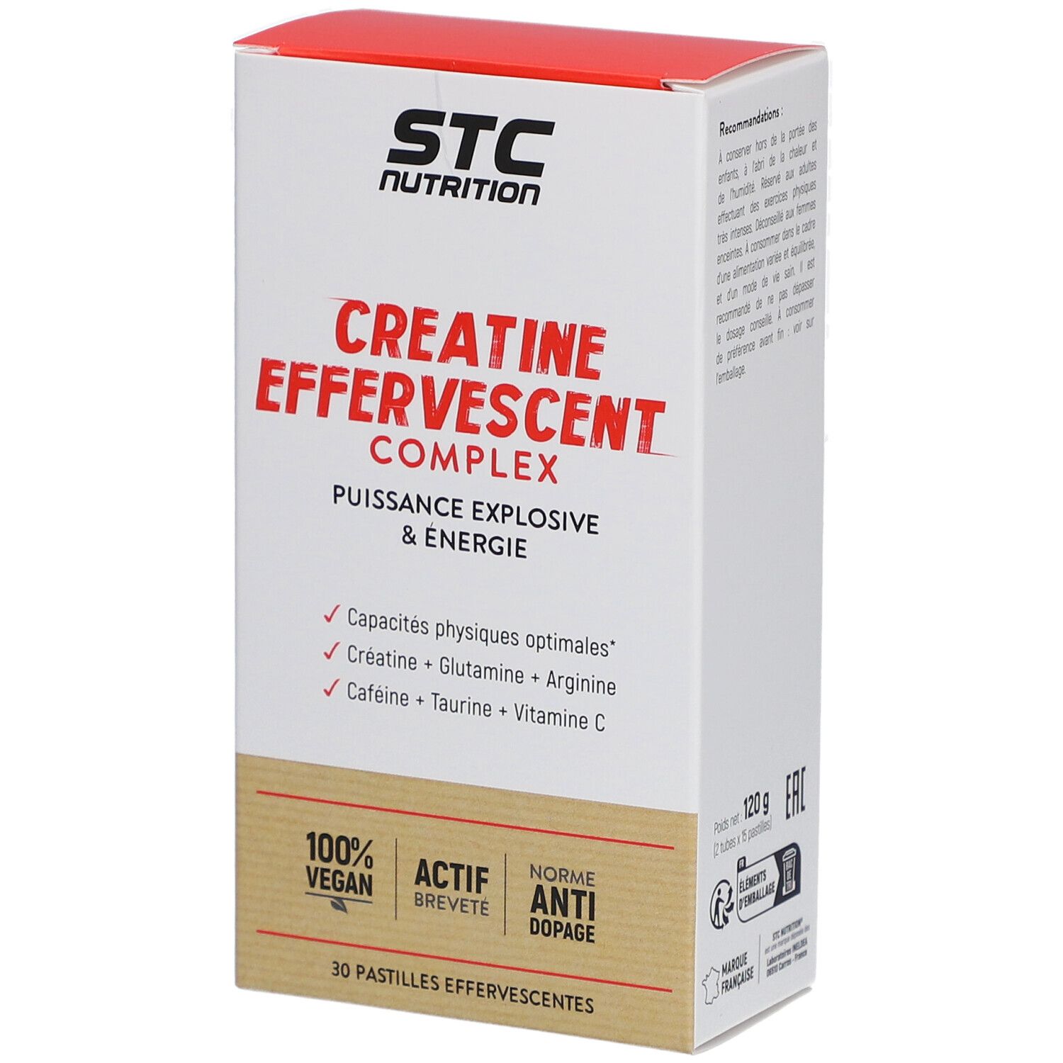 STC Nutrition Creatine Effervescent Complex. Emballage avec dessus rouge. Inscription: Creatine Effervescent Complex, 30 comprimés effervescents.