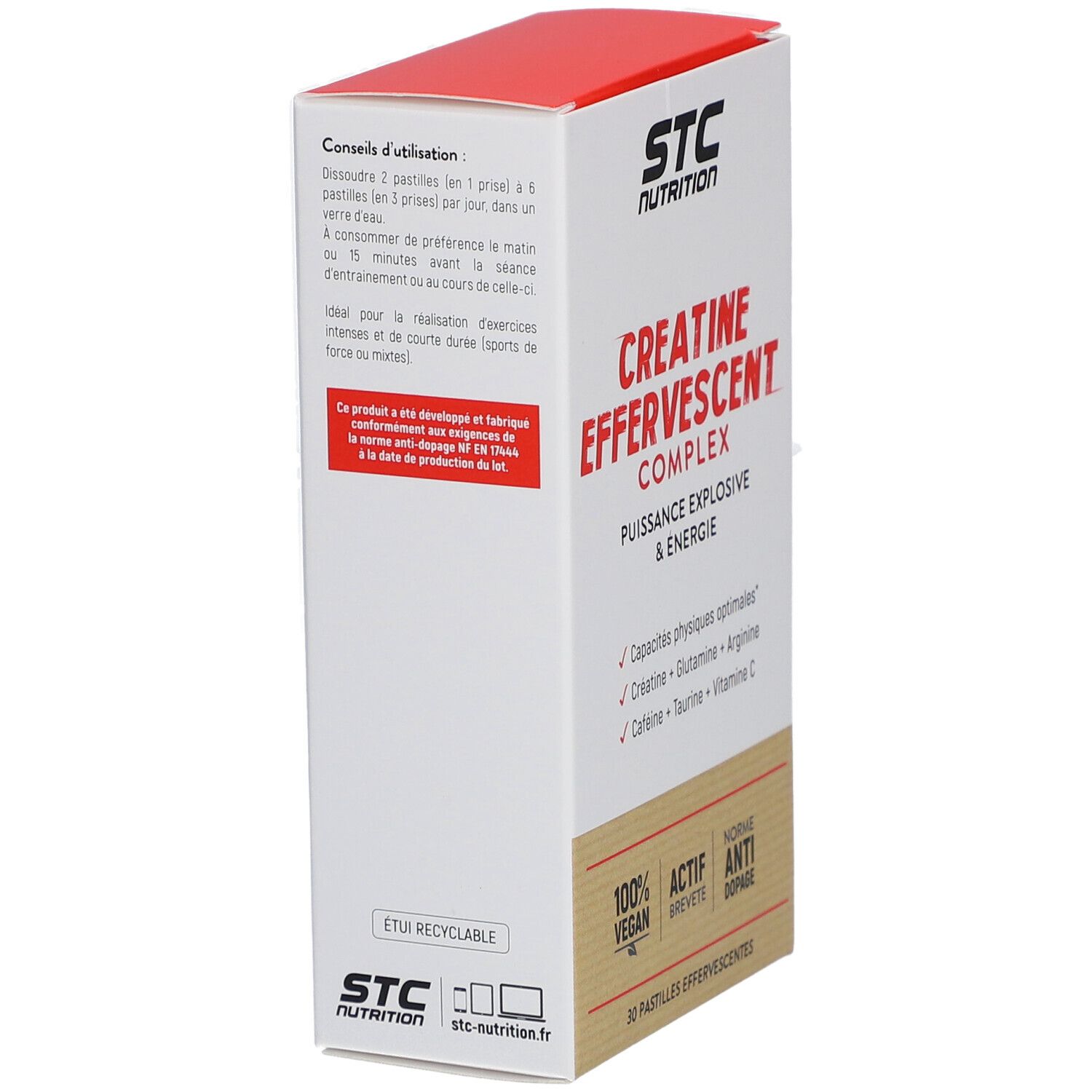 STC Nutrition Creatine Effervescent Complex. Emballage, dessus rouge. Inscription: Creatine Effervescent Complex. Dos avec texte et logo.