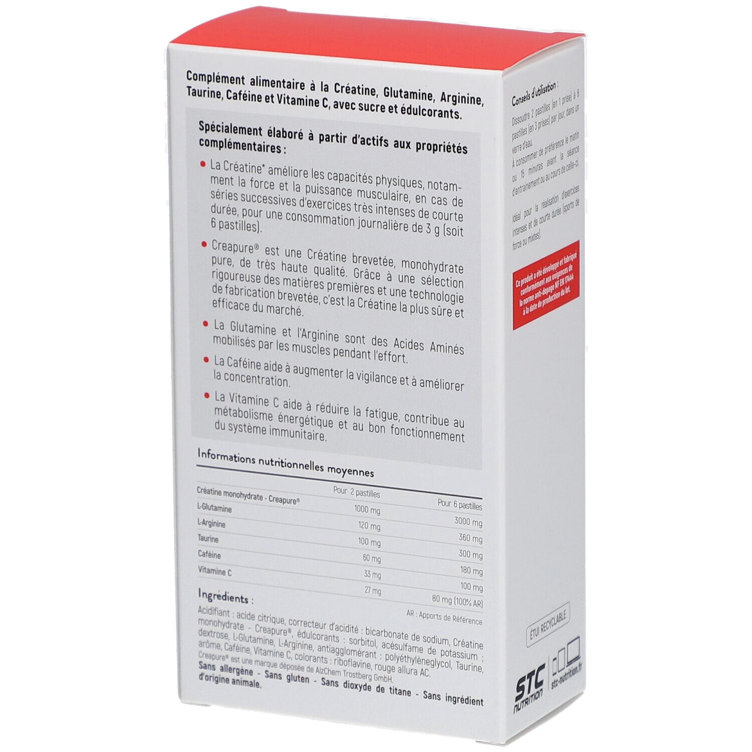 STC Nutrition Creatine Effervescent Complex. Emballage, dos. Texte sur ingrédients et valeurs nutritionnelles. Logo et certifications.
