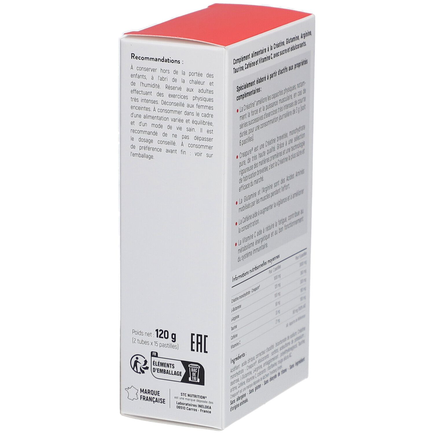 STC Nutrition Creatine Effervescent Complex. Emballage, dos. Texte sur l'utilisation et les ingrédients. Logo et certifications.