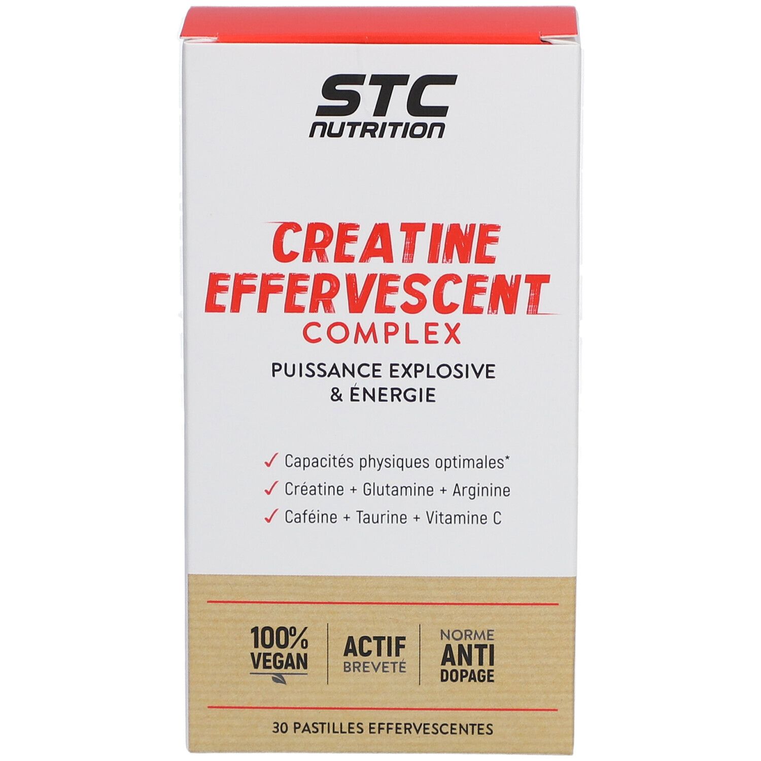 STC Nutrition Creatine Effervescent Complex. Emballage, face avant. Inscription: Creatine Effervescent Complex, 30 comprimés effervescents.