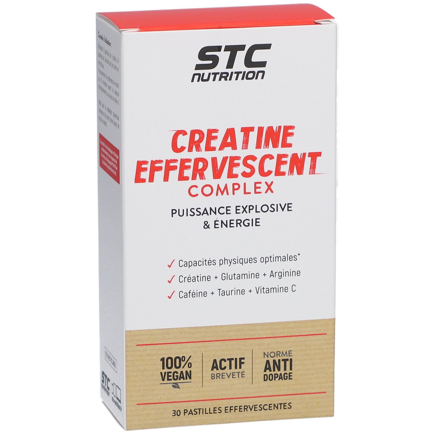 STC Nutrition Creatine Effervescent Complex. Emballage, face avant. Inscription: Creatine Effervescent Complex, 30 comprimés effervescents.