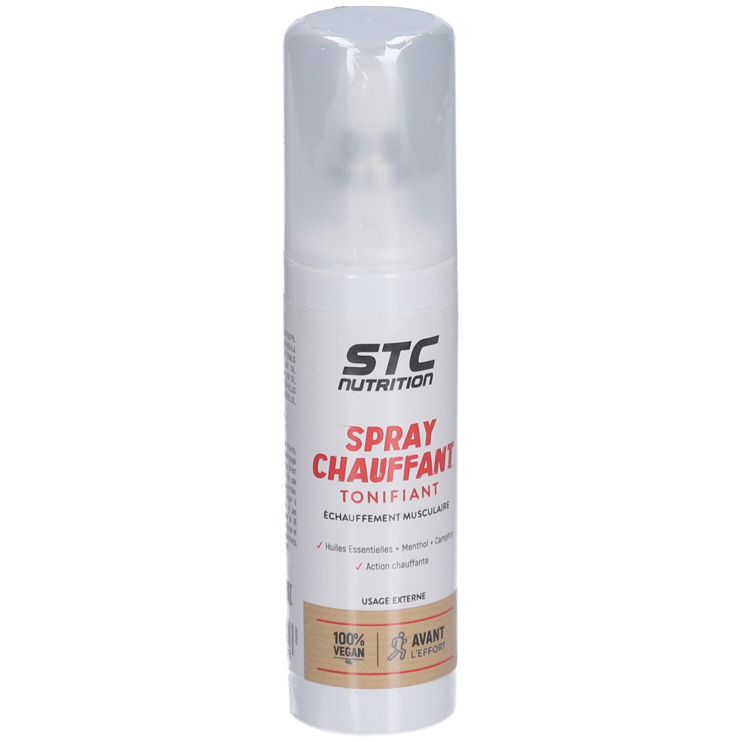 Spray blanc avec bouchon. Inscription STC Nutrition, Spray Chauffant Tonifiant. Logo vegan.