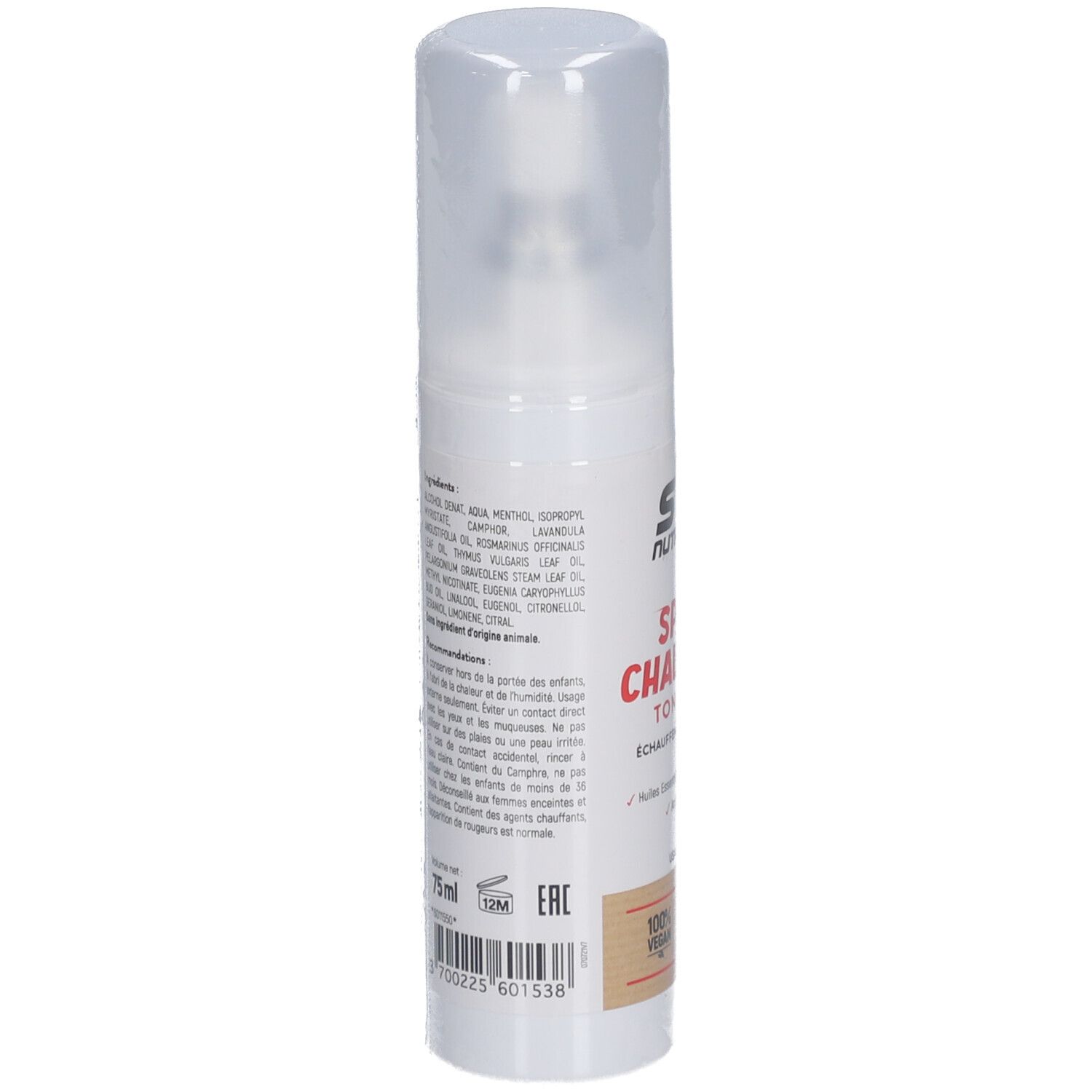 Spray blanc avec bouchon. Inscription STC Nutrition, Spray Chauffant Tonifiant. Logo vegan.
